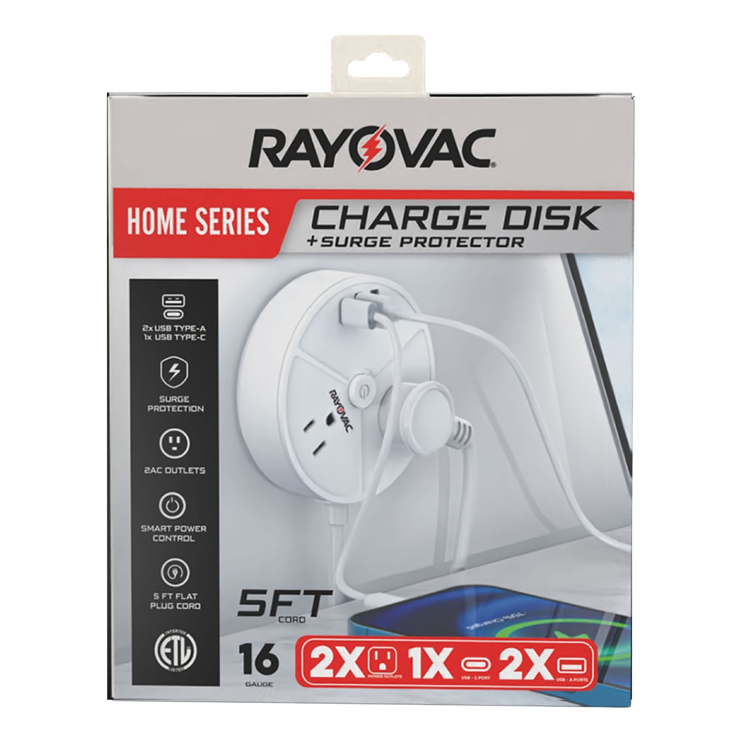 Rayovac Charge Disk 2-AC Outlet 540-Joules Surge Protector with 2 USB-A and 1 USB-C Ports, 5-Ft. Cord