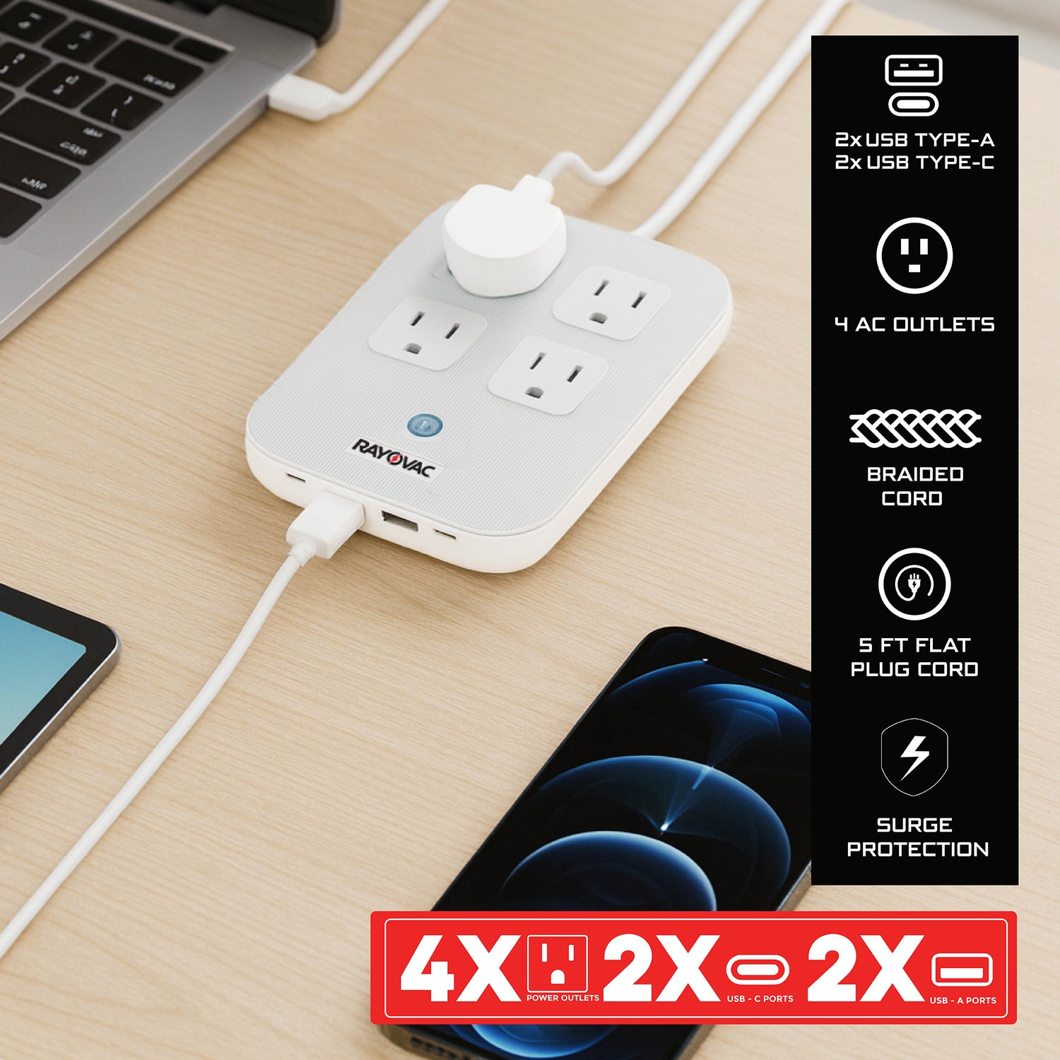Rayovac 4-AC Outlet and 4-USB Port 540-Joules Surge Protector Power Strip, 5-Ft. Braided Cord with Flat Plug, SS-P319
