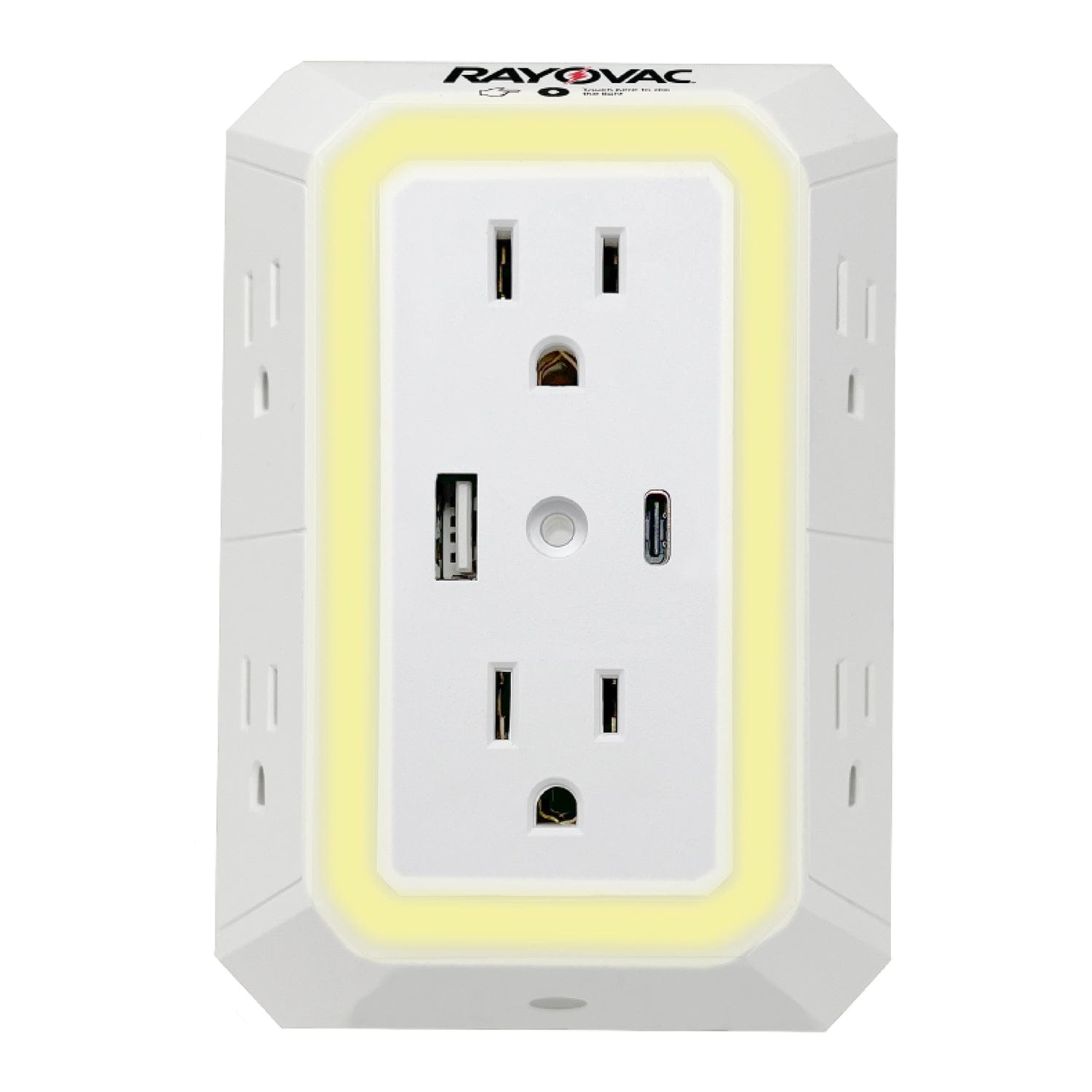Rayovac 6-AC Outlet and 2-USB Port 300-Joules Portable Surge Protector Wall Tap with Phone Holder and Night-Light, SS-Q205