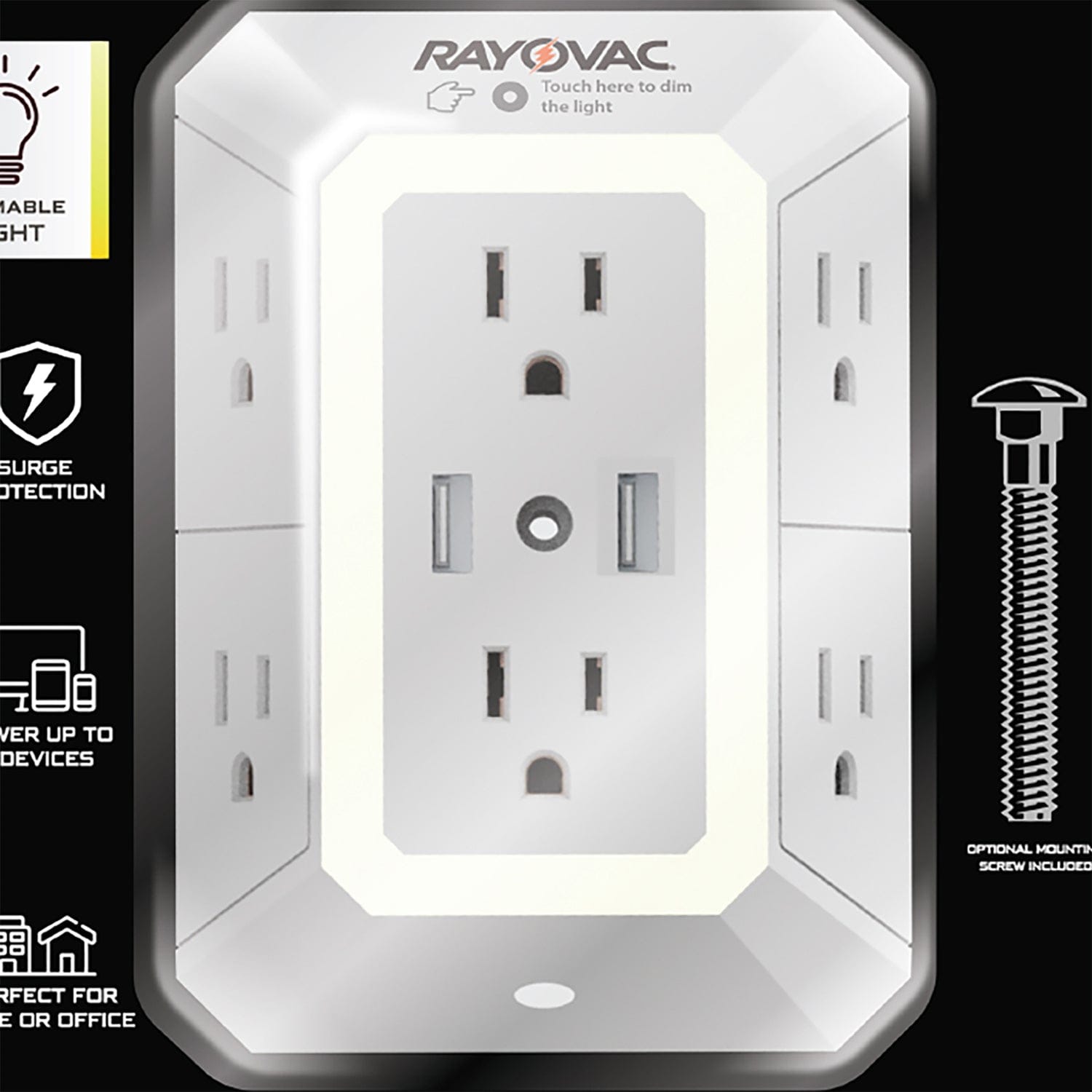 Rayovac 6-AC Outlet and 2-USB Port 300-Joules Portable Surge Protector Wall Tap with Phone Holder and Night-Light, SS-Q205
