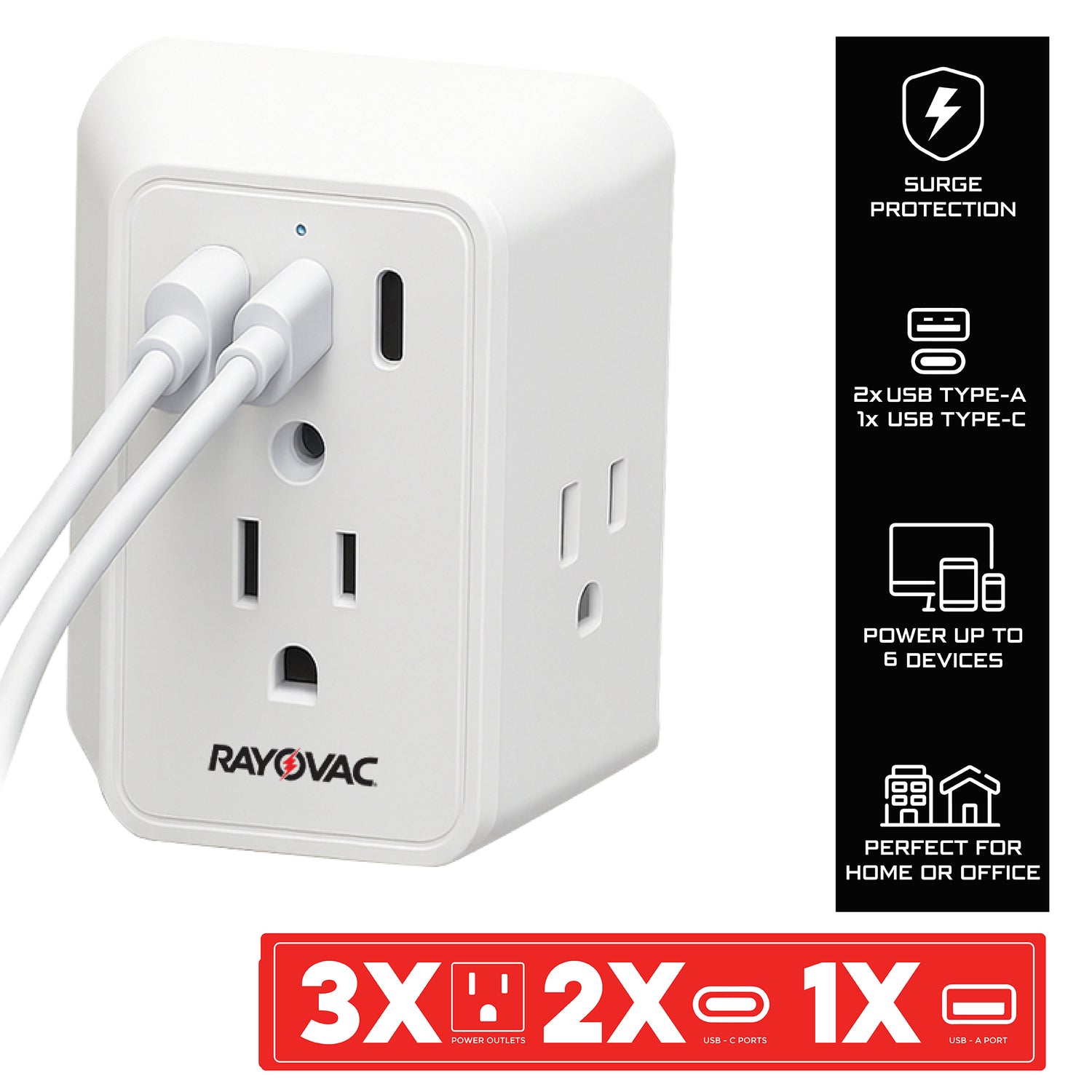 Rayovac 3-AC Outlet and 3-USB Port 540-Joules Surge Protector Wall Tap, SS-Q901