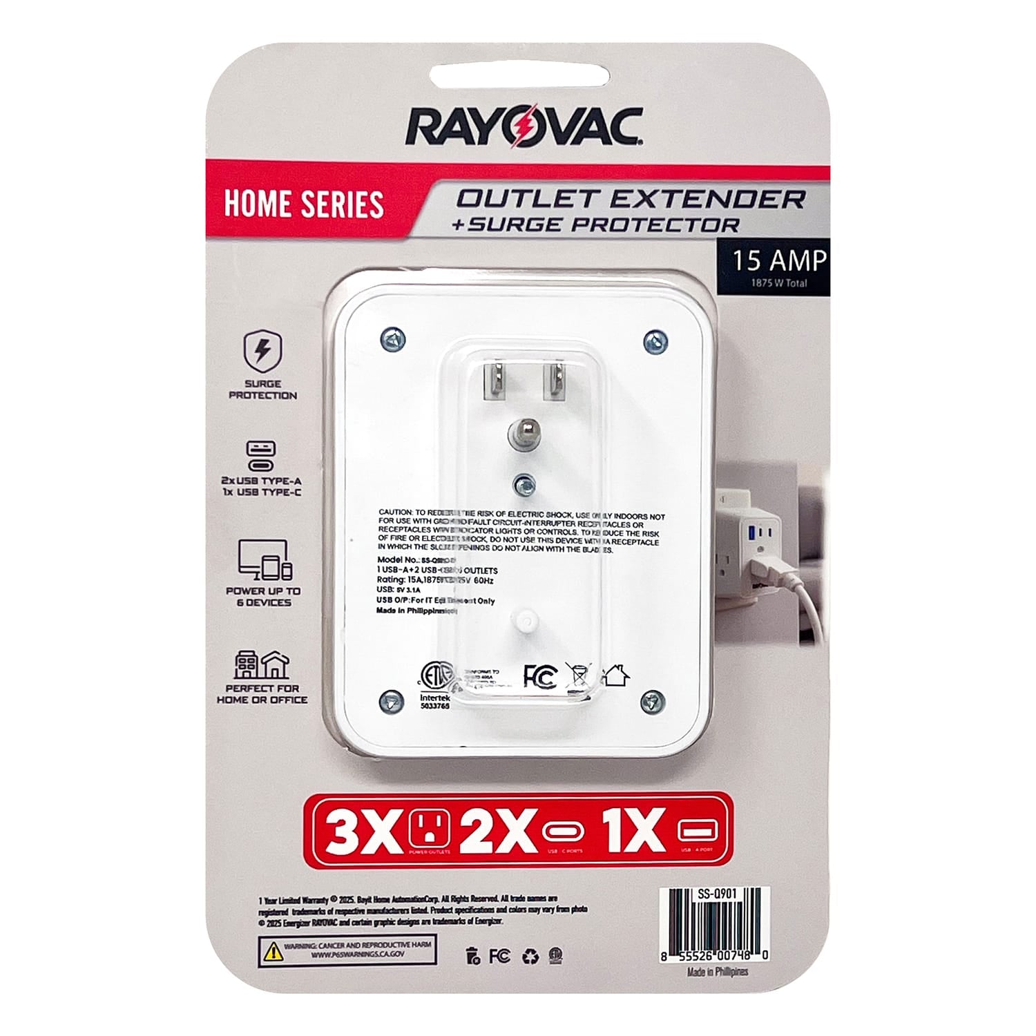 Rayovac 3-AC Outlet and 3-USB Port 540-Joules Surge Protector Wall Tap, SS-Q901