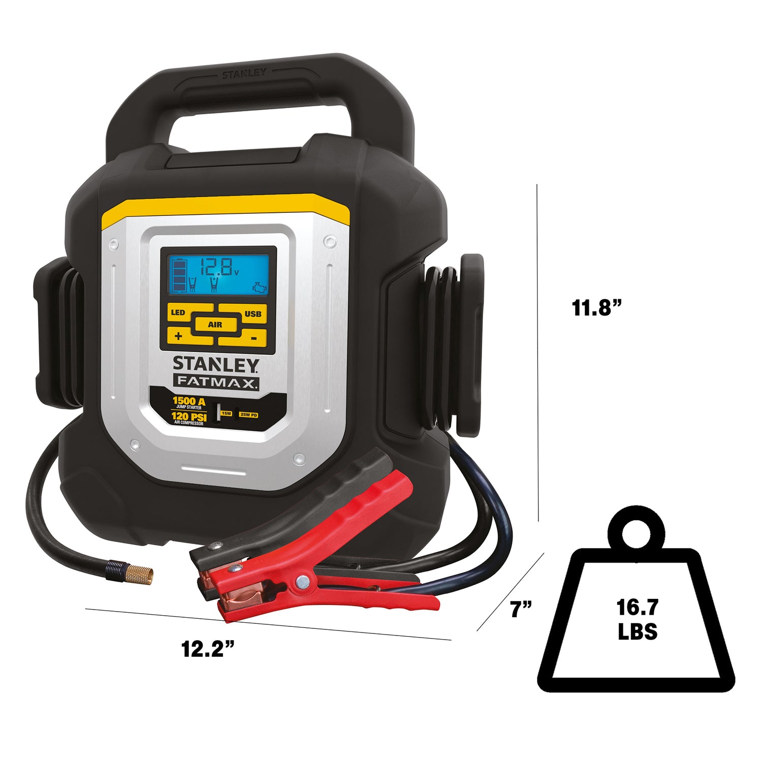 Stanley FATMAX Portable Car Jump Starter, 120-PSI Air Compressor, USB Power Bank with 1500-Amp Peak for V8 Cars/Trucks, and LED Light