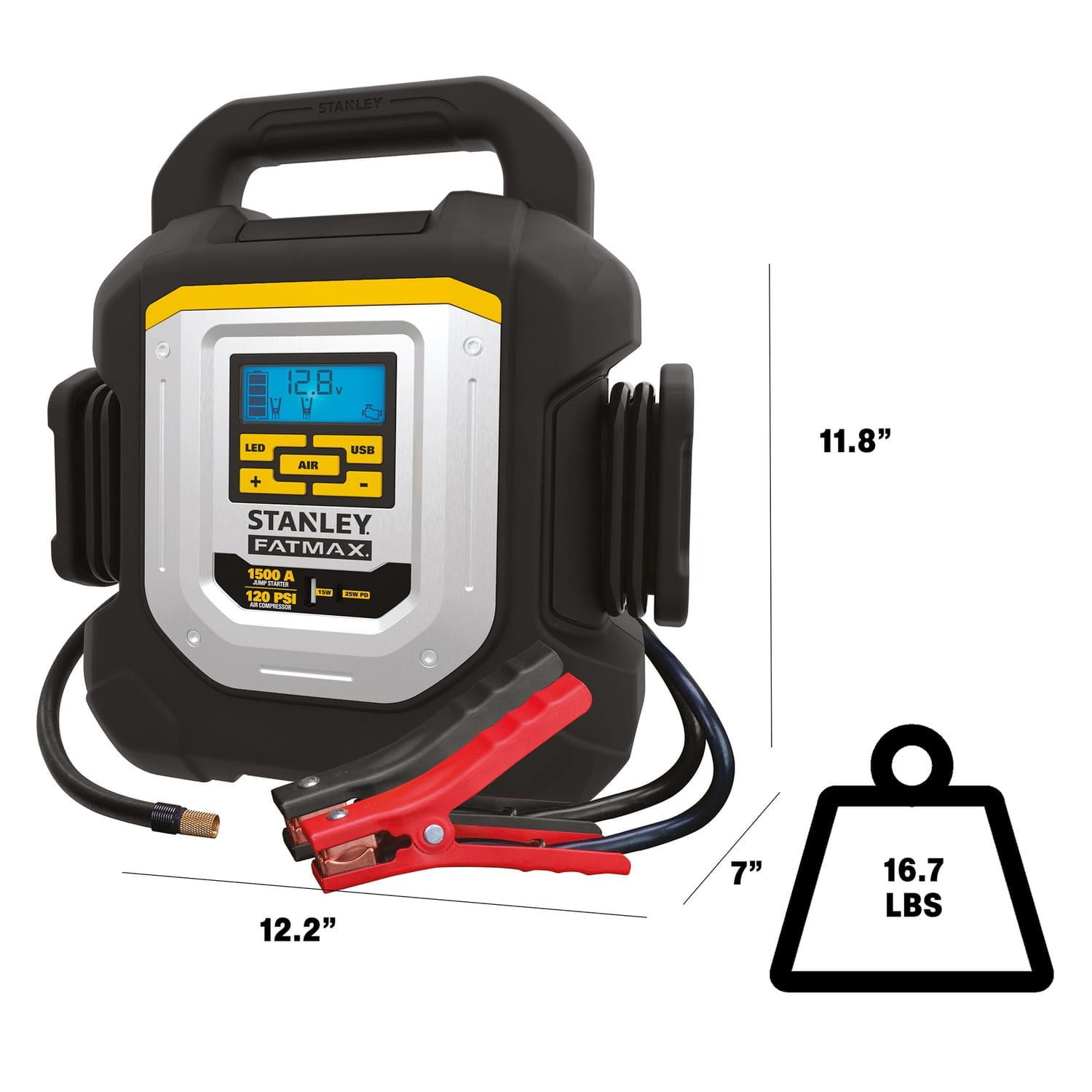 Stanley FATMAX Portable Car Jump Starter, 120-PSI Air Compressor, USB Power Bank with 1500-Amp Peak for V8 Cars/Trucks, and LED Light