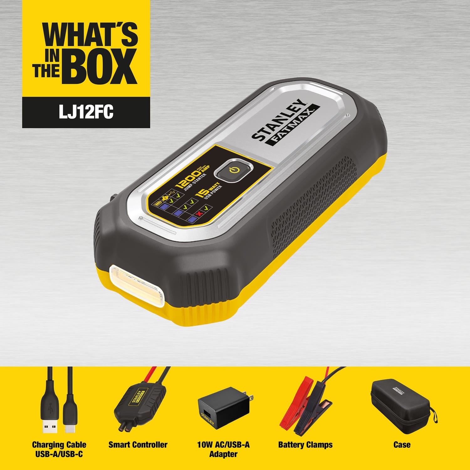 Stanley FATMAX 1200-Peak-Amp 12-Volt Lithium Jump Starter and USB Power Bank with LED Light and Carrying Case, LJ12FC