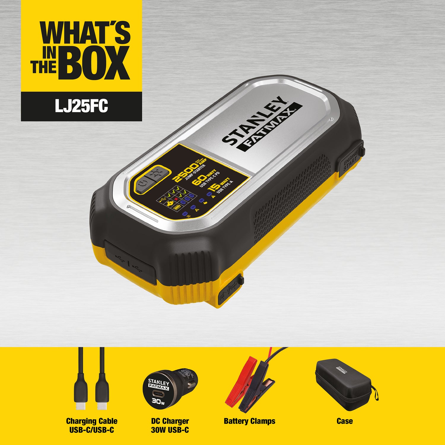 Stanley FATMAX 2500-Peak-Amp 12-Volt Lithium Jump Starter and USB Power Bank with LED Light and Carrying Case, LJ25FC