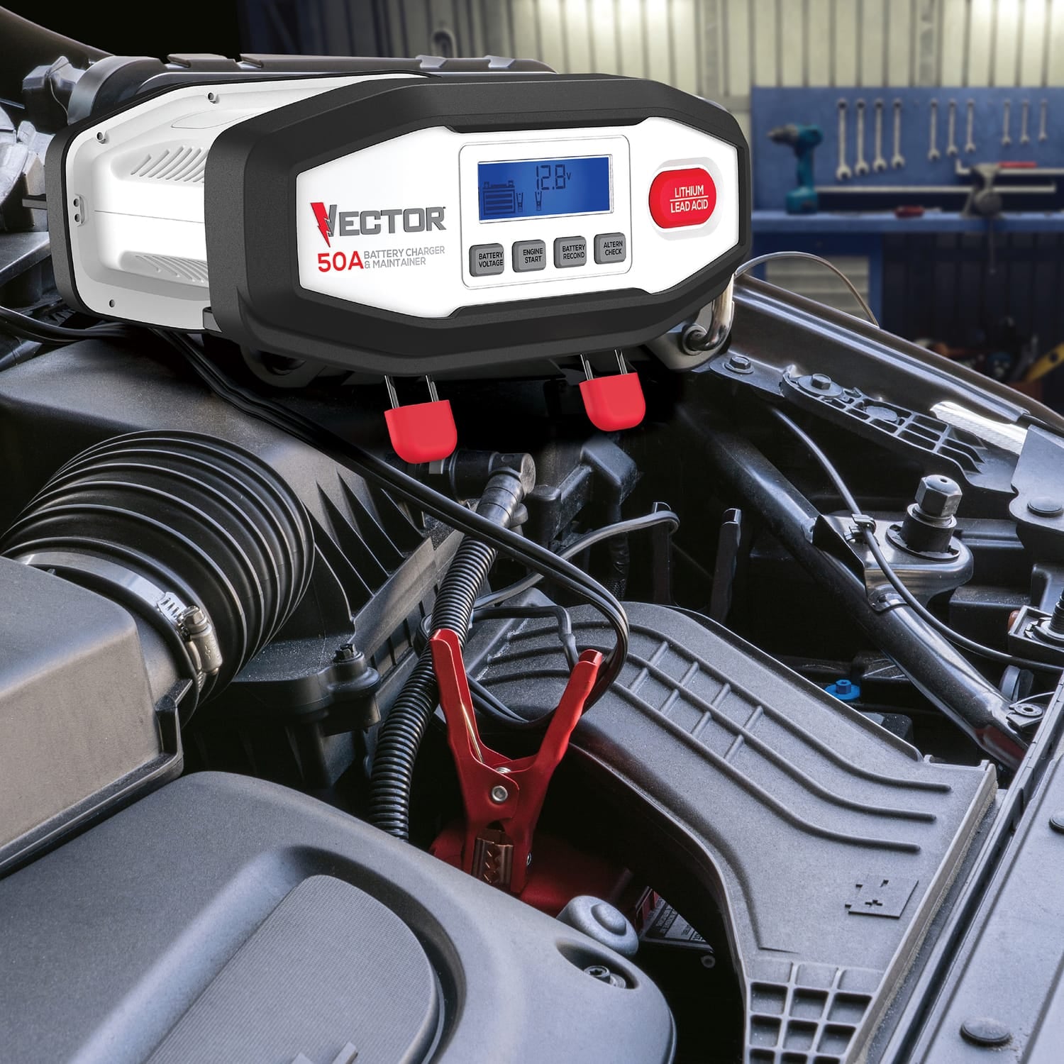 Vector 50-Amp Engine Start/15-Amp Automatic Battery Charger/Maintainer with Lithium/Lead-Acid Selector, VECBC50