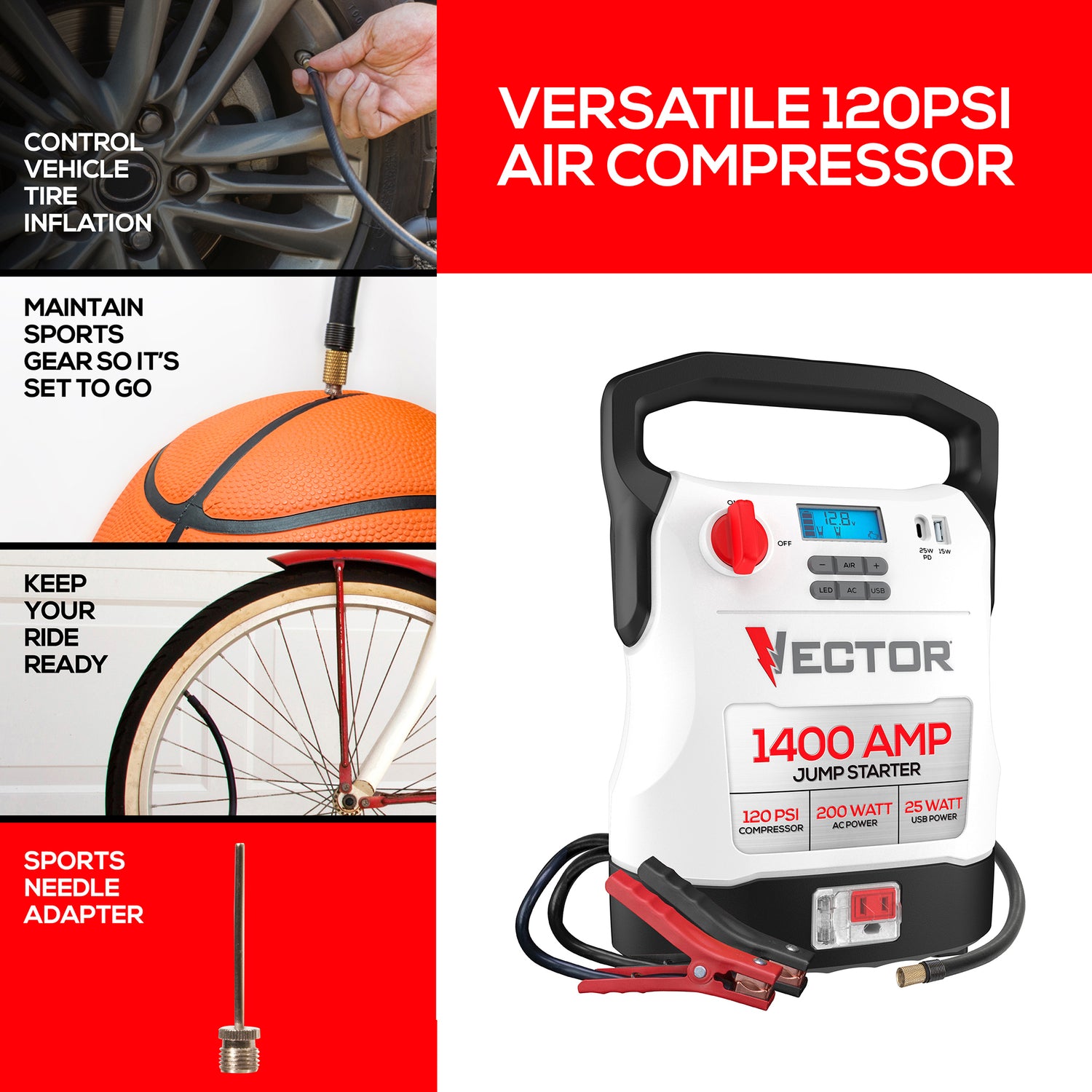 Vector Portable Car Jump Starter, 120-PSI Air Compressor, and USB Power Bank with 1400-Amp Peak for V8 Cars/Trucks, AC Outlet, Clamps, LED, VECJ14C