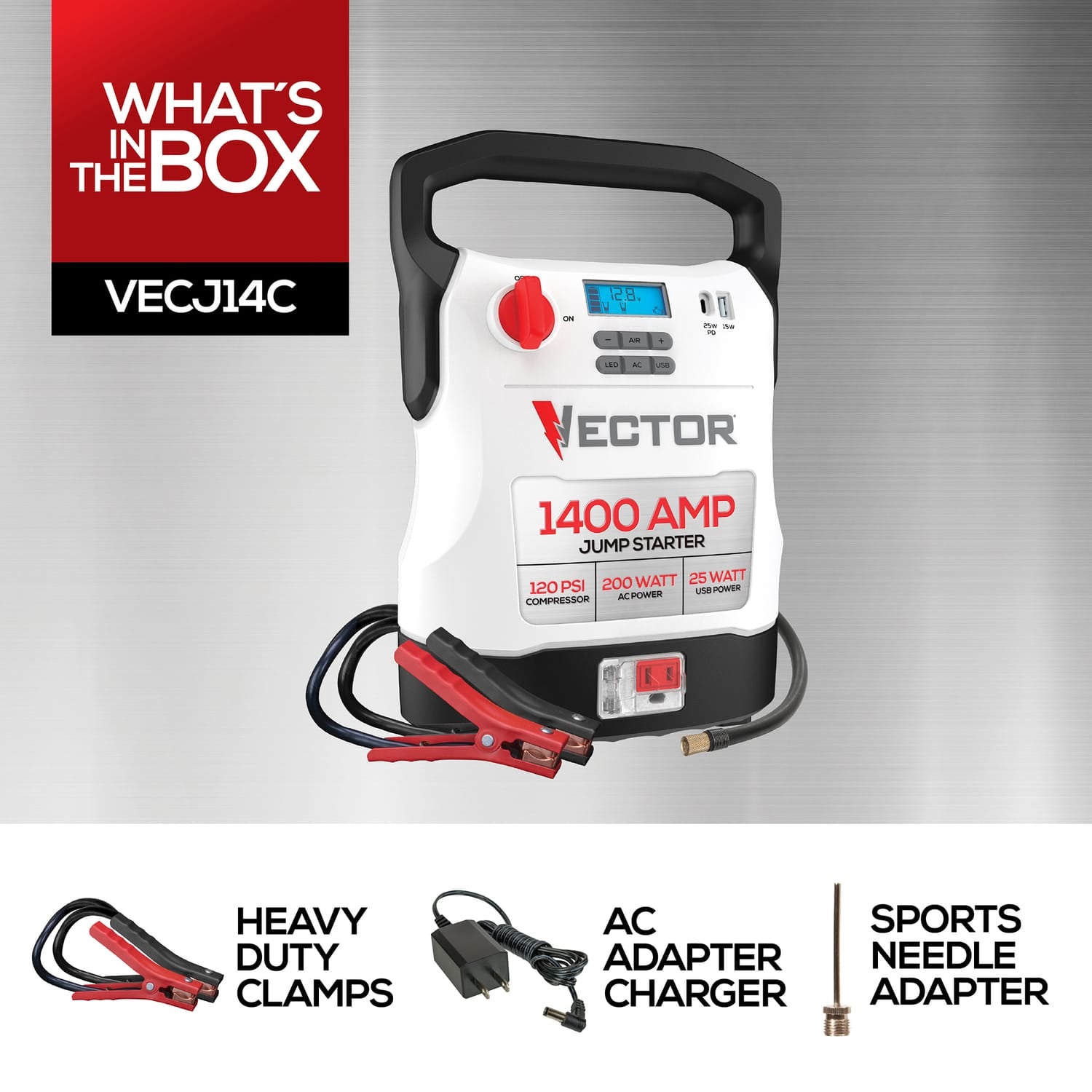 Vector Portable Car Jump Starter, 120-PSI Air Compressor, and USB Power Bank with 1400-Amp Peak for V8 Cars/Trucks, AC Outlet, Clamps, LED, VECJ14C