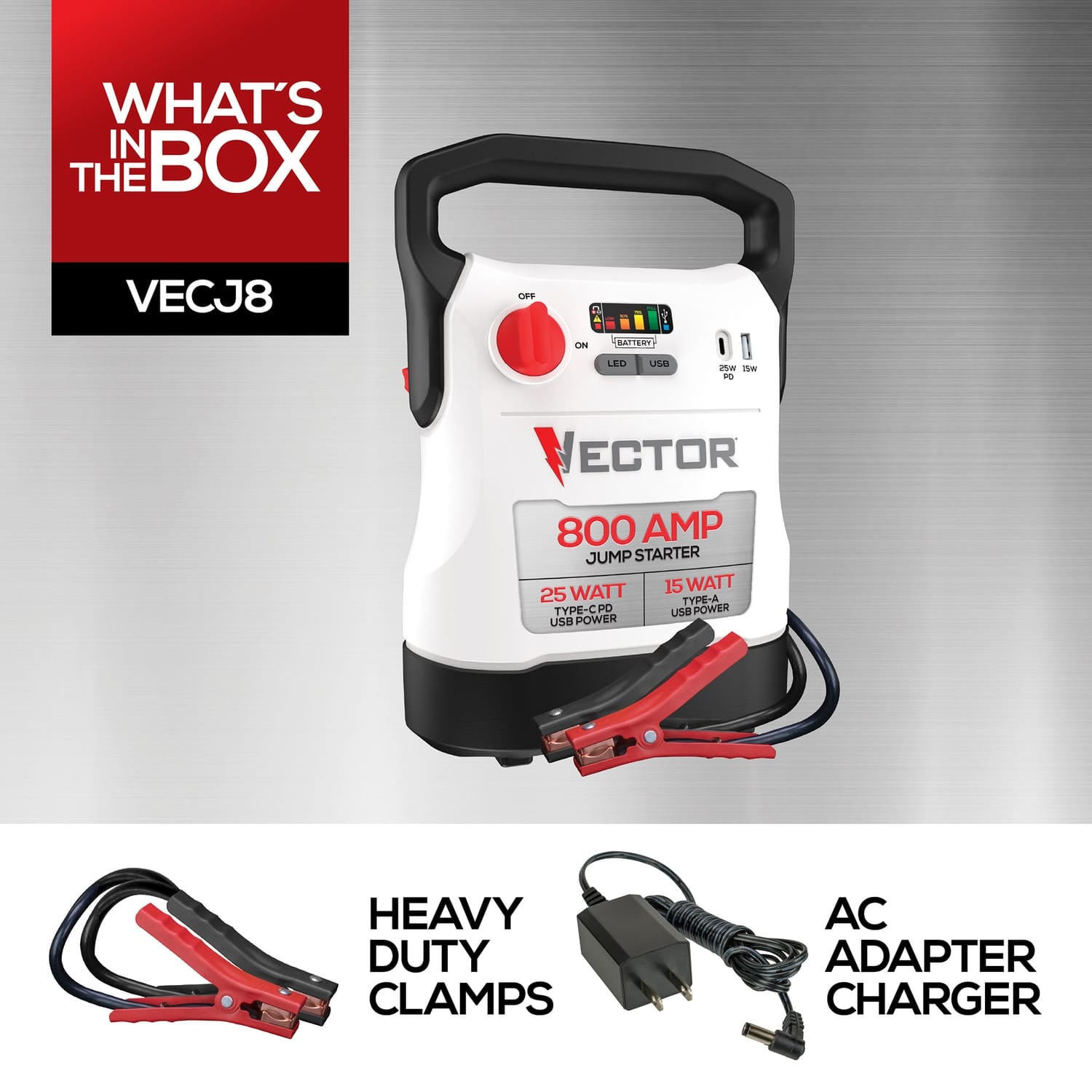 Vector 800-Amp 12-Volt Automotive Compact Jump Starter and USB Power Bank, VECJ8