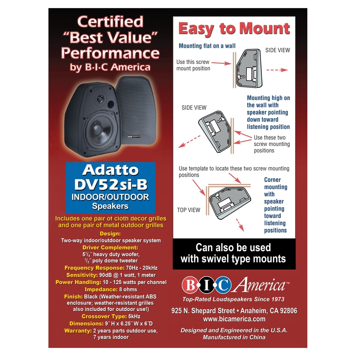 BIC America Adatto DV52si Indoor/Outdoor Weather-Resistant 125-Watt Bookshelf Speaker Set, 2 Count