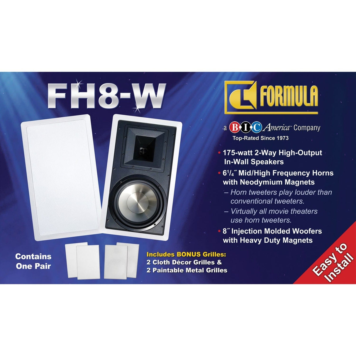 BIC America 8-In. 175-Watt Formula Series FH8-W 2-Way In-Wall Speaker Pair with Injected Molded Woofer and Horn Tweeter, 8 Ohms