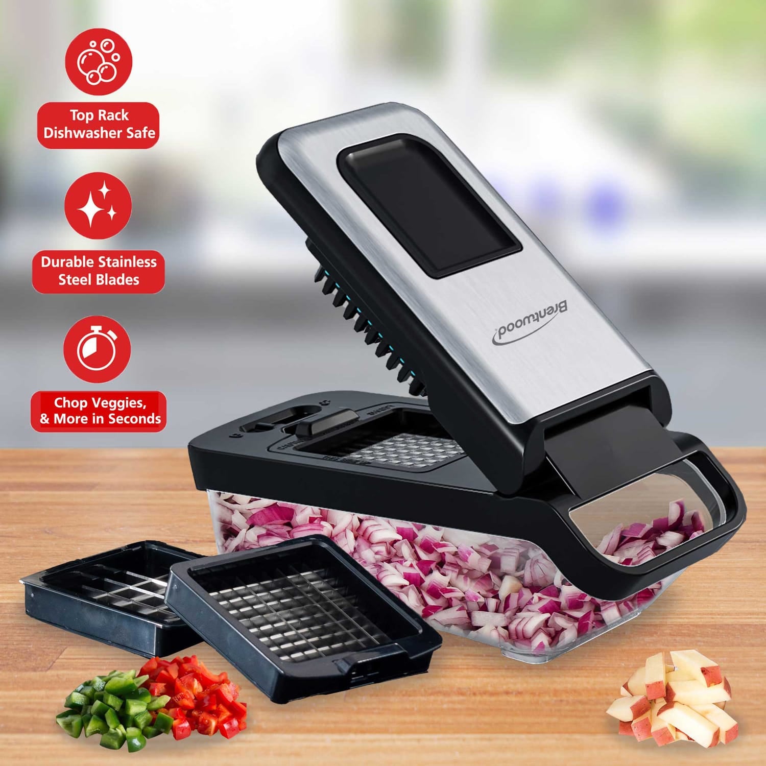 Brentwood Vegetable Chopper with 3.6-Cup Storage Container and 2 Interchangeable Stainless Steel Blades, Black