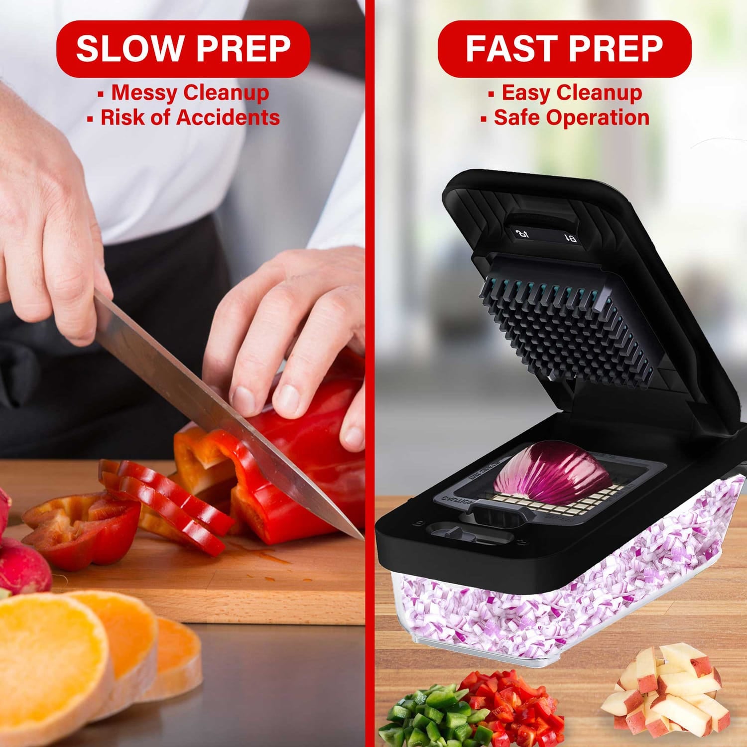 Brentwood Vegetable Chopper with 3.6-Cup Storage Container and 2 Interchangeable Stainless Steel Blades, Black