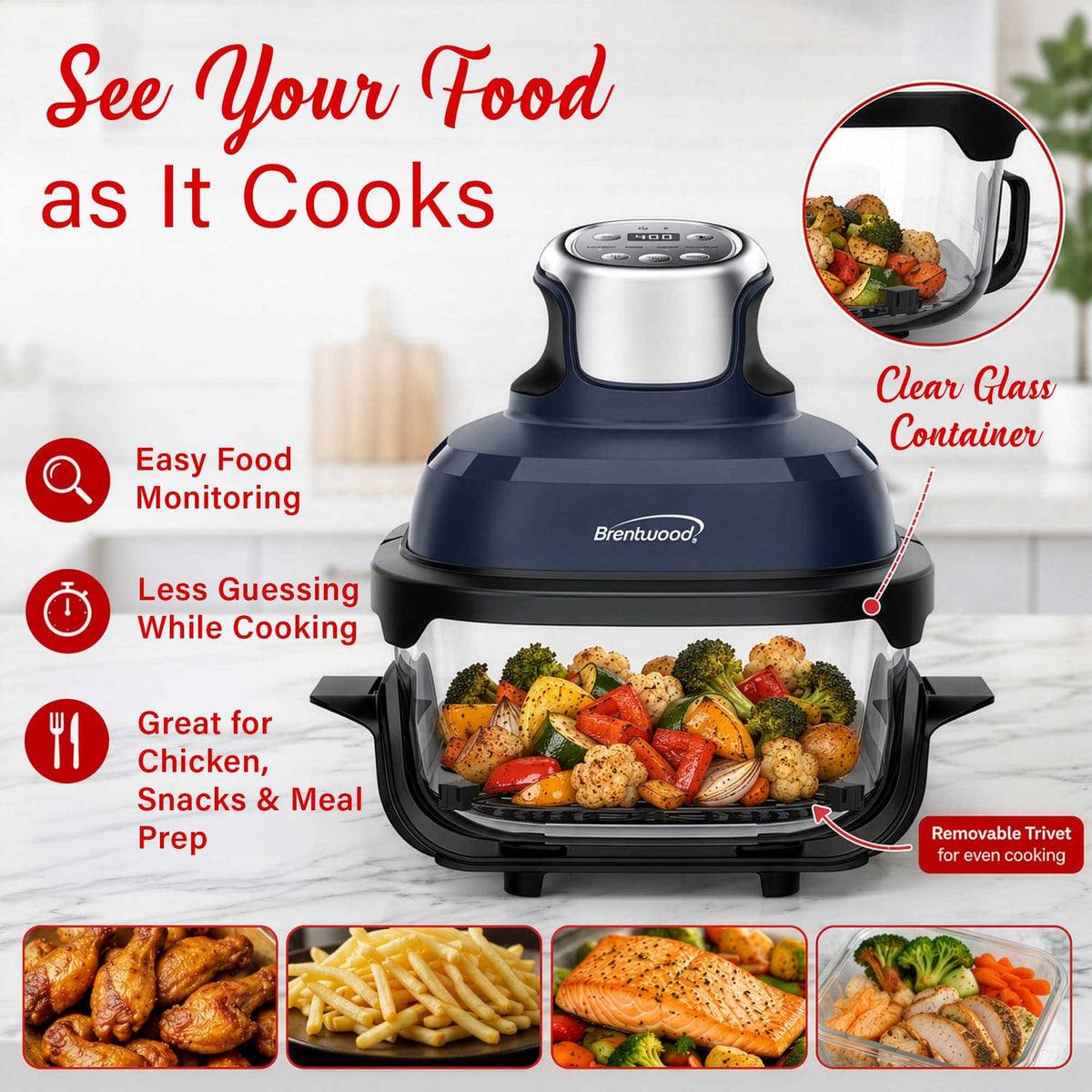 Brentwood 4.5-Qt. 1500-Watt Electric Digital Glass Air Fryer with Lid, Timer, Temperature Control, and Auto Shutoff