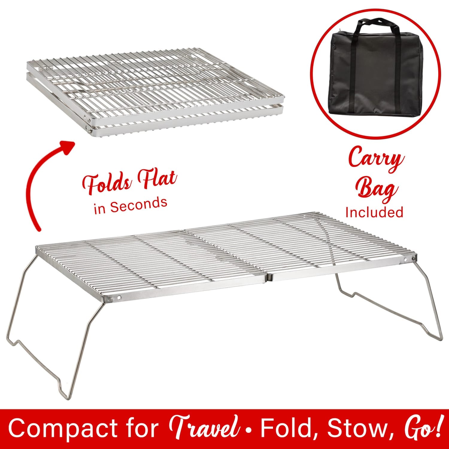 Brentwood 25-In. x 17-In. Heavy-Duty Stainless Steel Portable Folding Campfire Grill with Carry Bag, BB-17X25SS