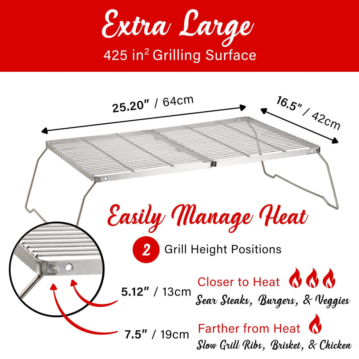 Brentwood 25-In. x 17-In. Heavy-Duty Stainless Steel Portable Folding Campfire Grill with Carry Bag, BB-17X25SS