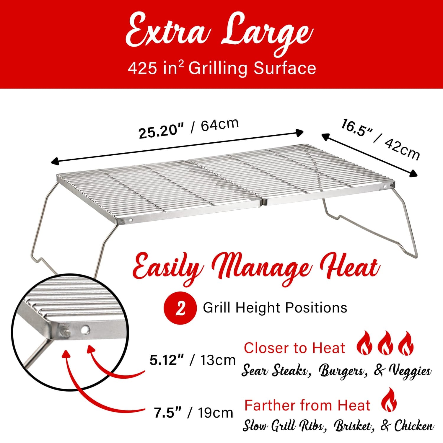 Brentwood 25-In. x 17-In. Heavy-Duty Stainless Steel Portable Folding Campfire Grill with Carry Bag, BB-17X25SS