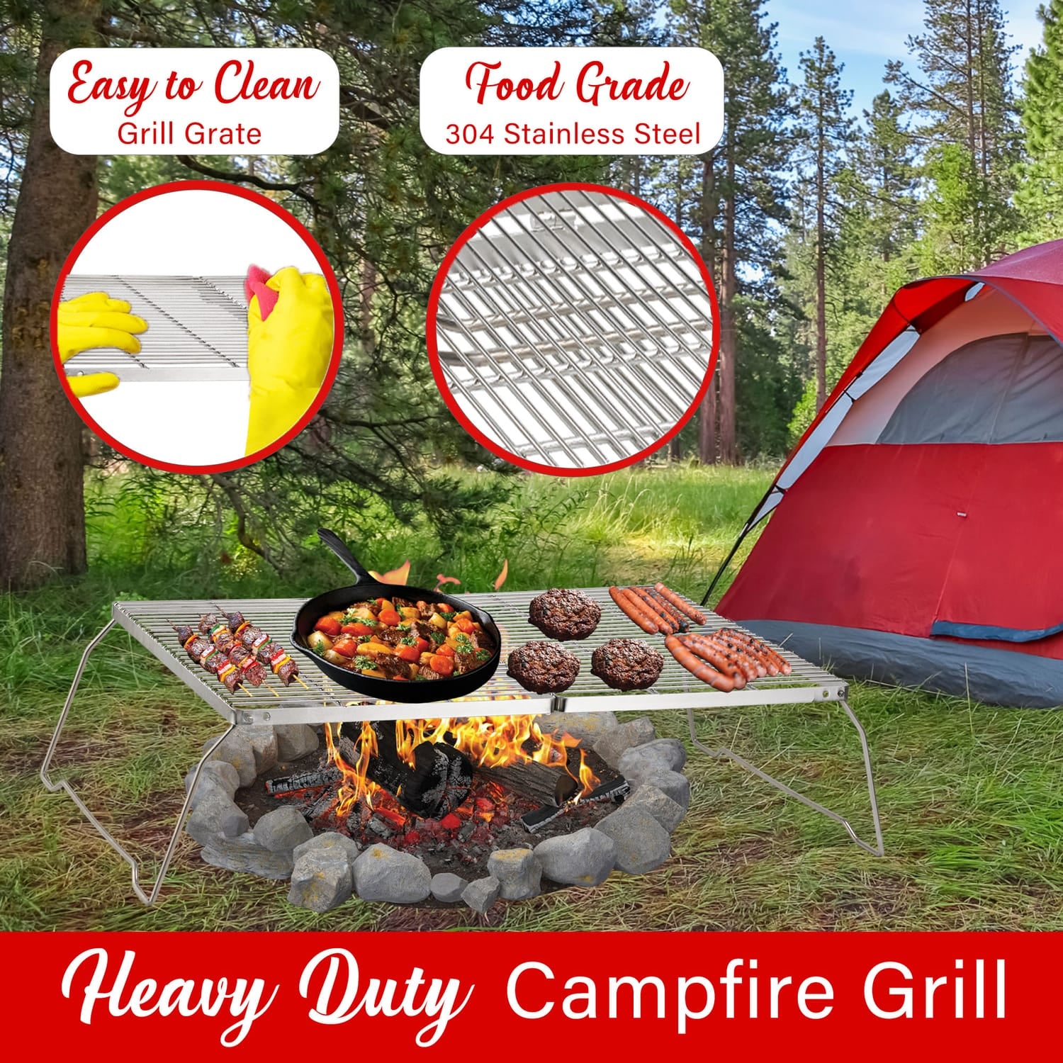 Brentwood 25-In. x 17-In. Heavy-Duty Stainless Steel Portable Folding Campfire Grill with Carry Bag, BB-17X25SS