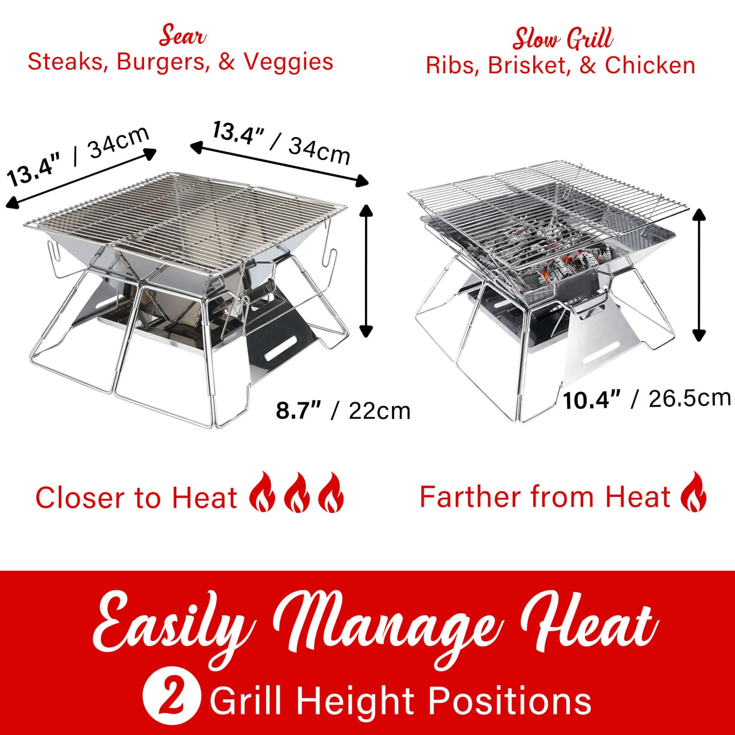 Brentwood 14-In. x 14-In. Stainless Steel Portable Folding Charcoal BBQ Grill and Outdoor Fire Pit with Carry Bag, BB-4X14SS