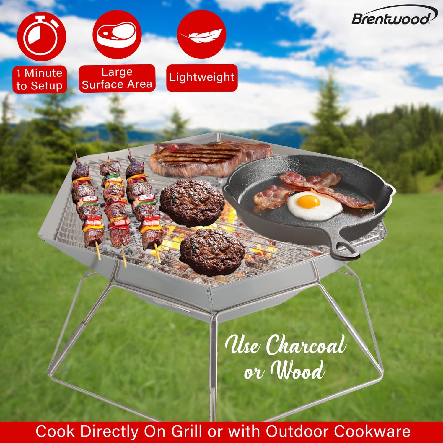 Brentwood 20-In. Stainless Steel Portable Folding Charcoal BBQ Grill and Outdoor Fire Pit with Carry Bag, BB-6X20SS