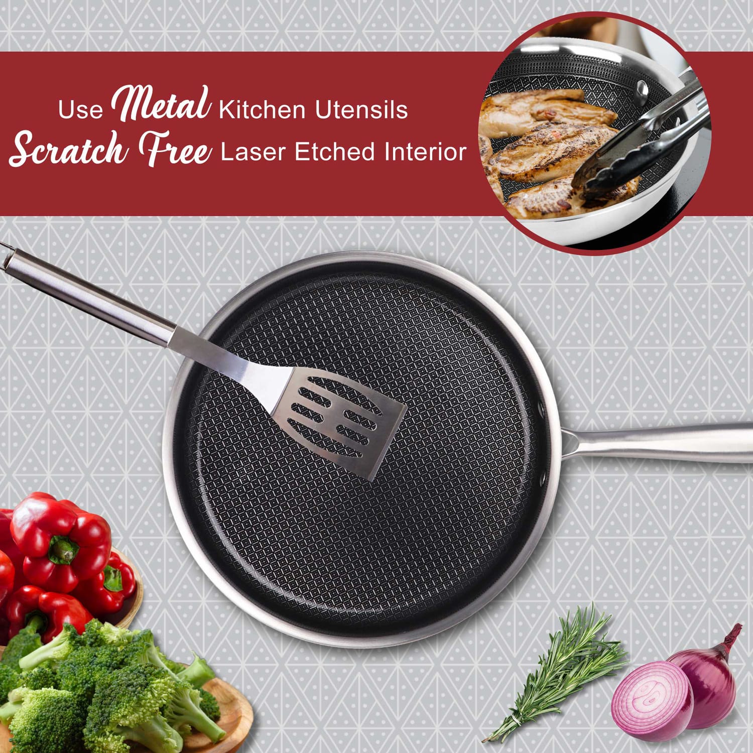 Brentwood 10-In. 3.2-Qt. 3-Ply Hybrid Non-Stick Stainless Steel Deep Sauté Pan with Tempered Glass Lid