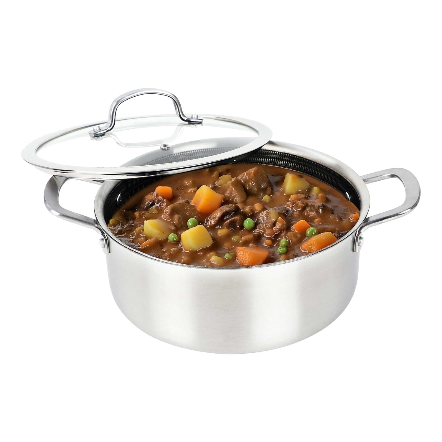 Brentwood 3-Ply Hybrid Non-Stick Stainless Steel Dutch Oven with Tempered Glass Lid, 5 Qt.