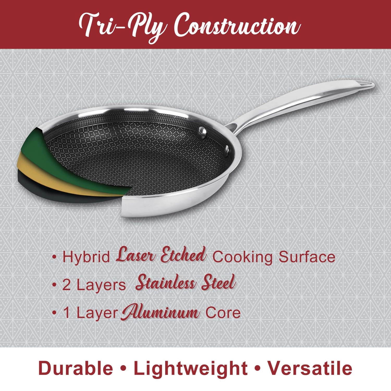 Brentwood 3-Ply Hybrid Non-Stick Stainless Steel Induction-Ready Frying Pan, 8 In.