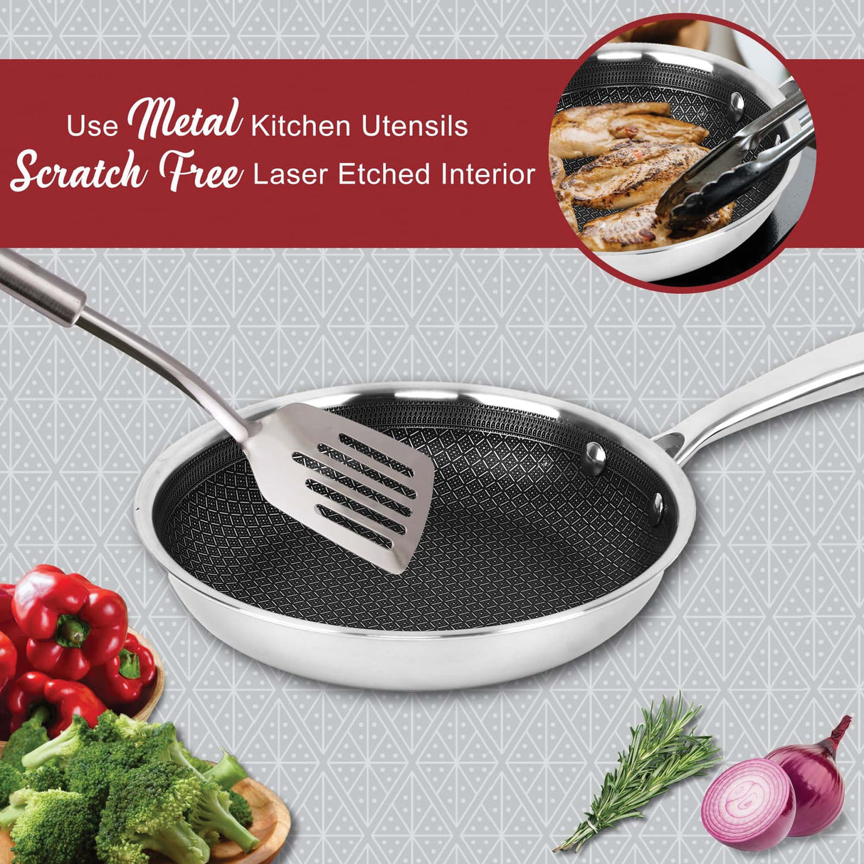 Brentwood 3-Ply Hybrid Non-Stick Stainless Steel Induction-Ready Frying Pan, 8 In.