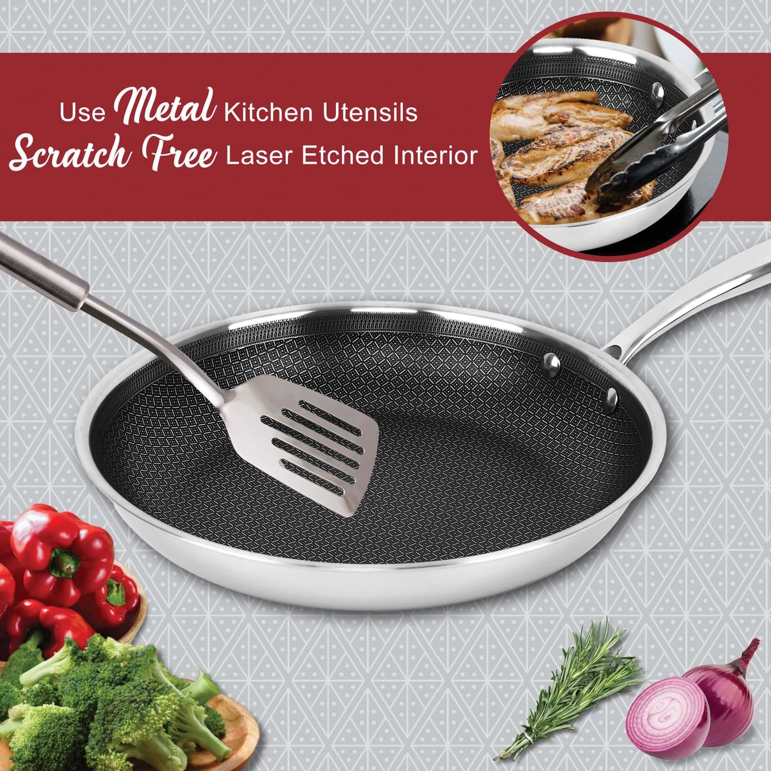 Brentwood 3-Ply Hybrid Non-Stick Stainless Steel Induction-Ready Frying Pan, 11 In.