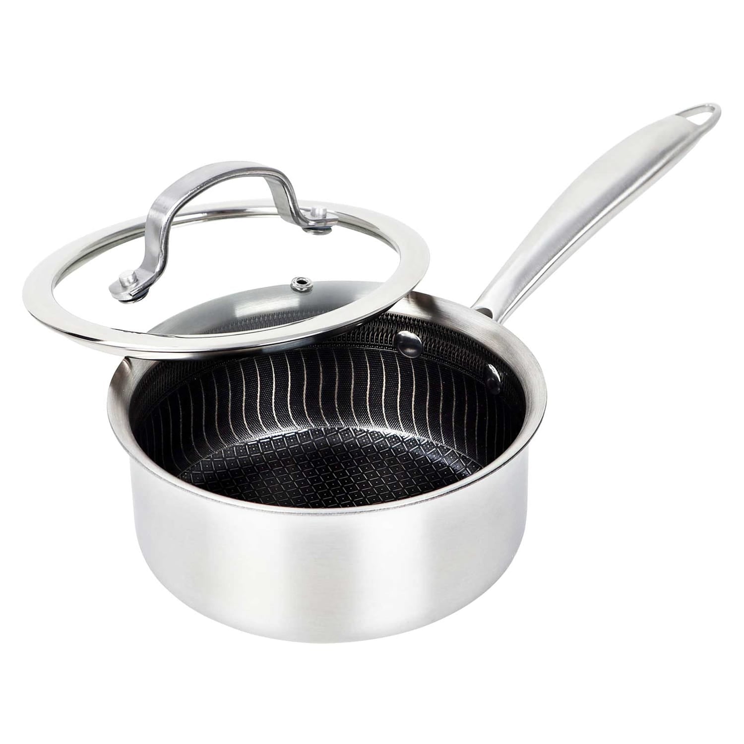 Brentwood 3-Ply Hybrid Non-Stick Stainless Steel Saucepan with Tempered Glass Lid, 1.5 Qt.