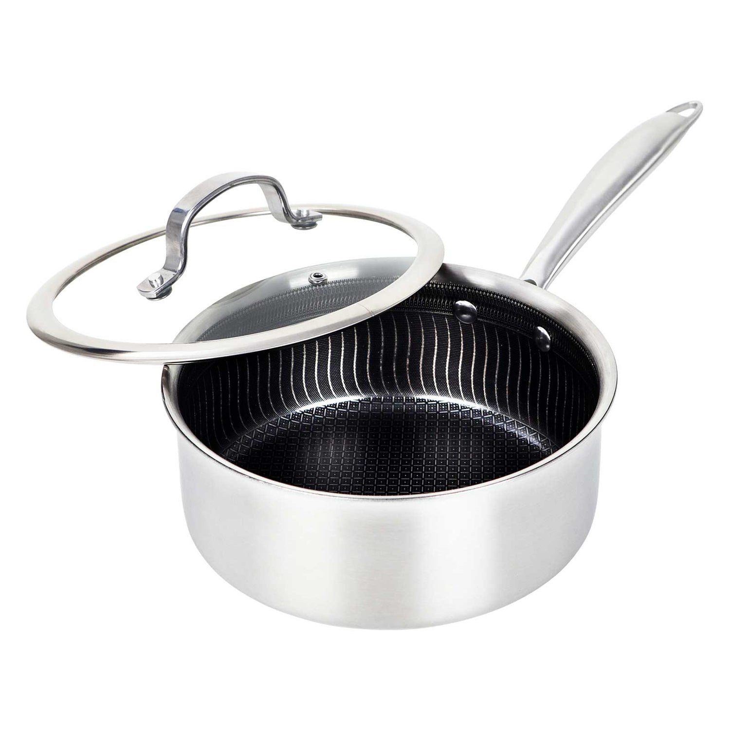 Brentwood 3-Ply Hybrid Non-Stick Stainless Steel Saucepan with Tempered Glass Lid, 2.2 Qt.