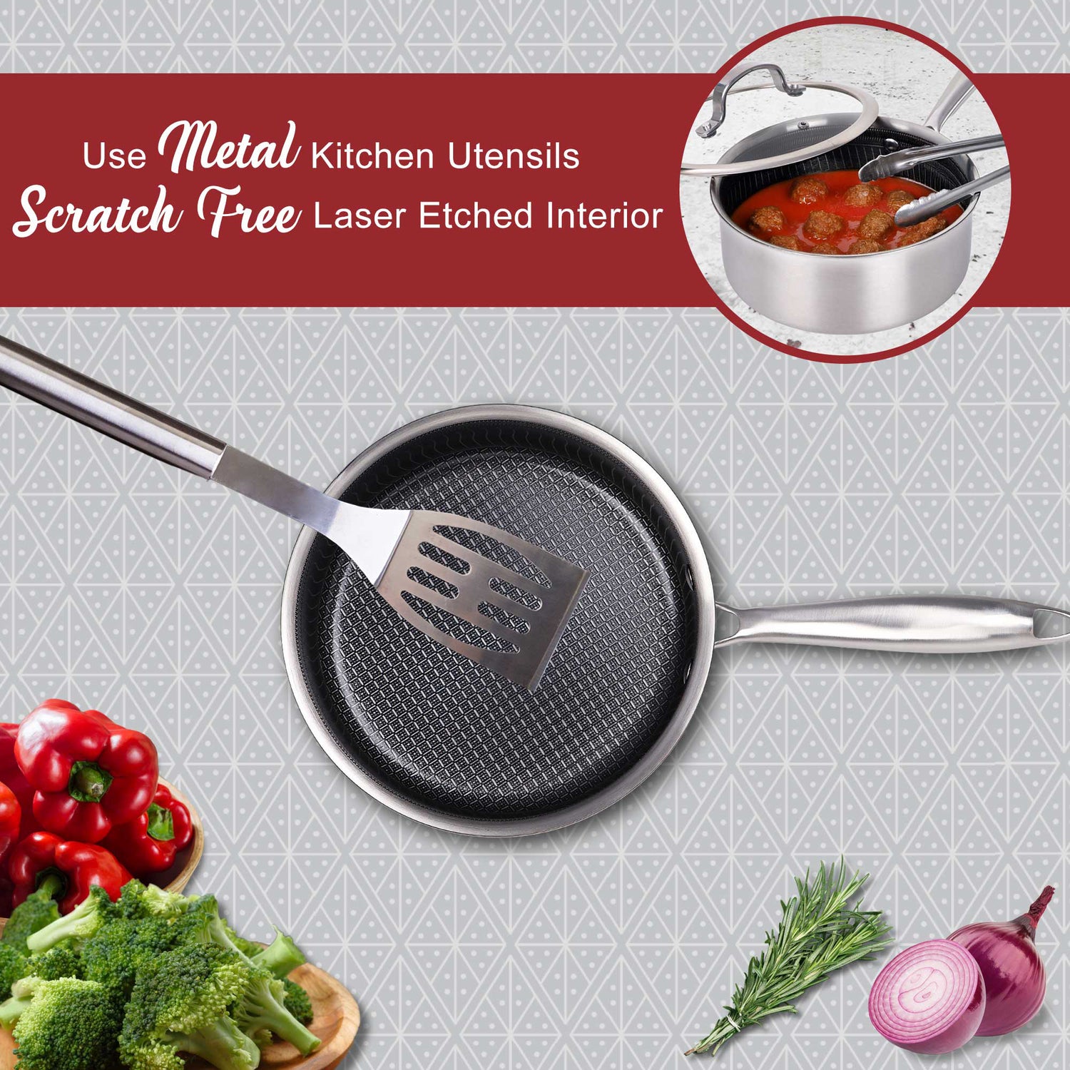 Brentwood 3-Ply Hybrid Non-Stick Stainless Steel Saucepan with Tempered Glass Lid, 2.2 Qt.
