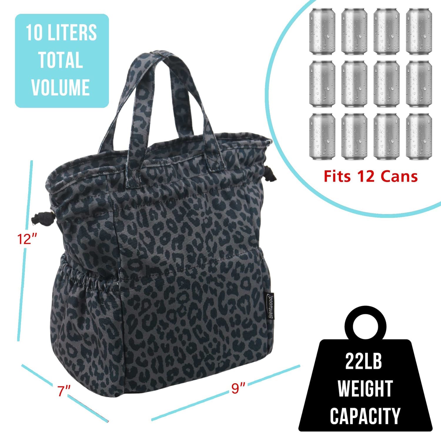 Brentwood Insulated Canvas Lunch Tote Cooler Bag for Women, 12-Can Capacity, with 2 Side Pockets, CB-2025L, Leopard Gray