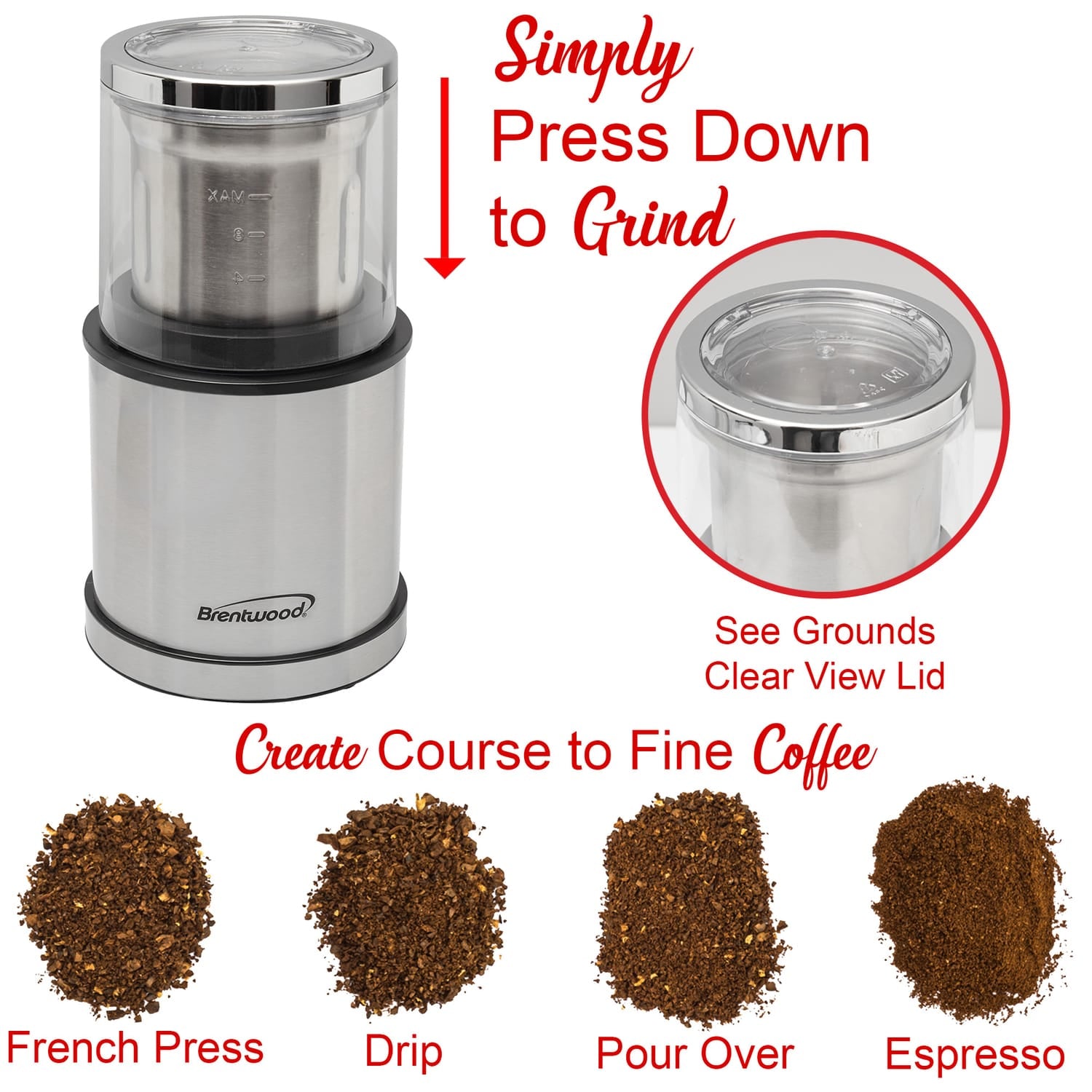 Brentwood 75-Gram Electric Stainless Steel Wet-and-Dry Coffee Bean, Herb, and Spice Grinder with 2 Removable Bowls, CG-162S