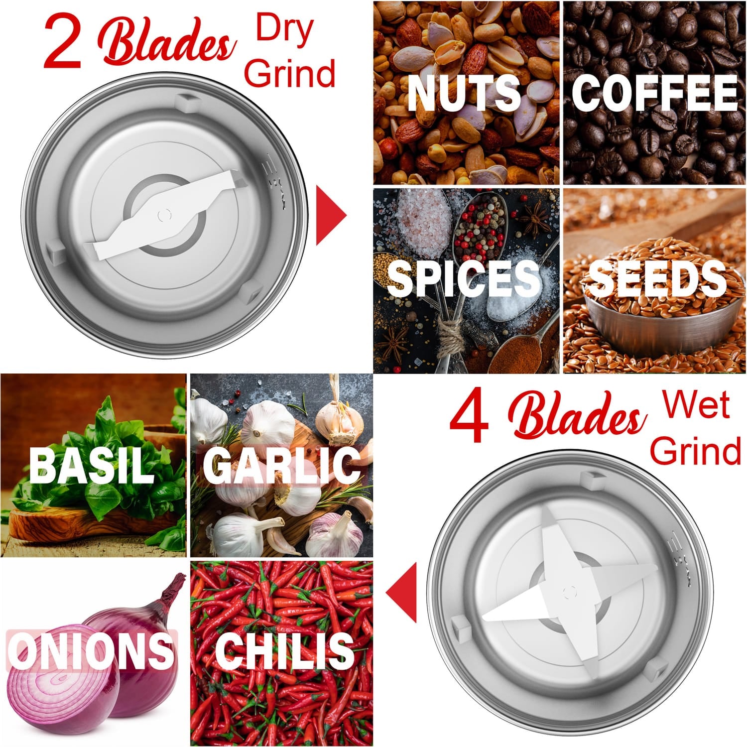 Brentwood 75-Gram Electric Stainless Steel Wet-and-Dry Coffee Bean, Herb, and Spice Grinder with 2 Removable Bowls, CG-162S