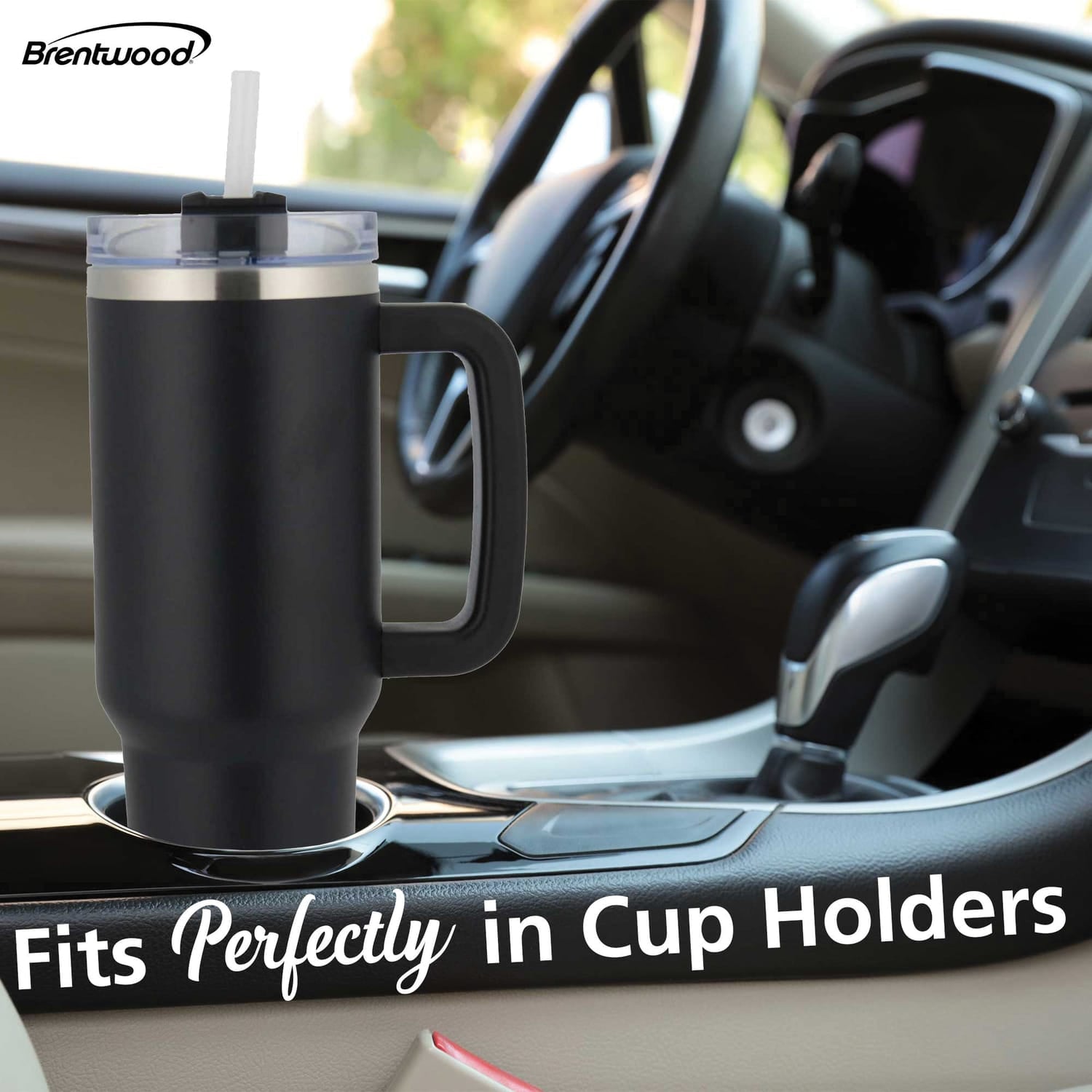 Brentwood Geojug 40-Oz. Insulated Stainless Steel Tumbler Cup with Handle, Lid, and Straw, Black