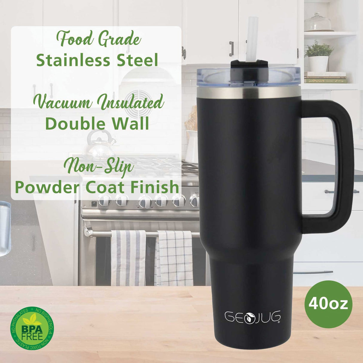 Brentwood Geojug 40-Oz. Insulated Stainless Steel Tumbler Cup with Handle, Lid, and Straw, Black