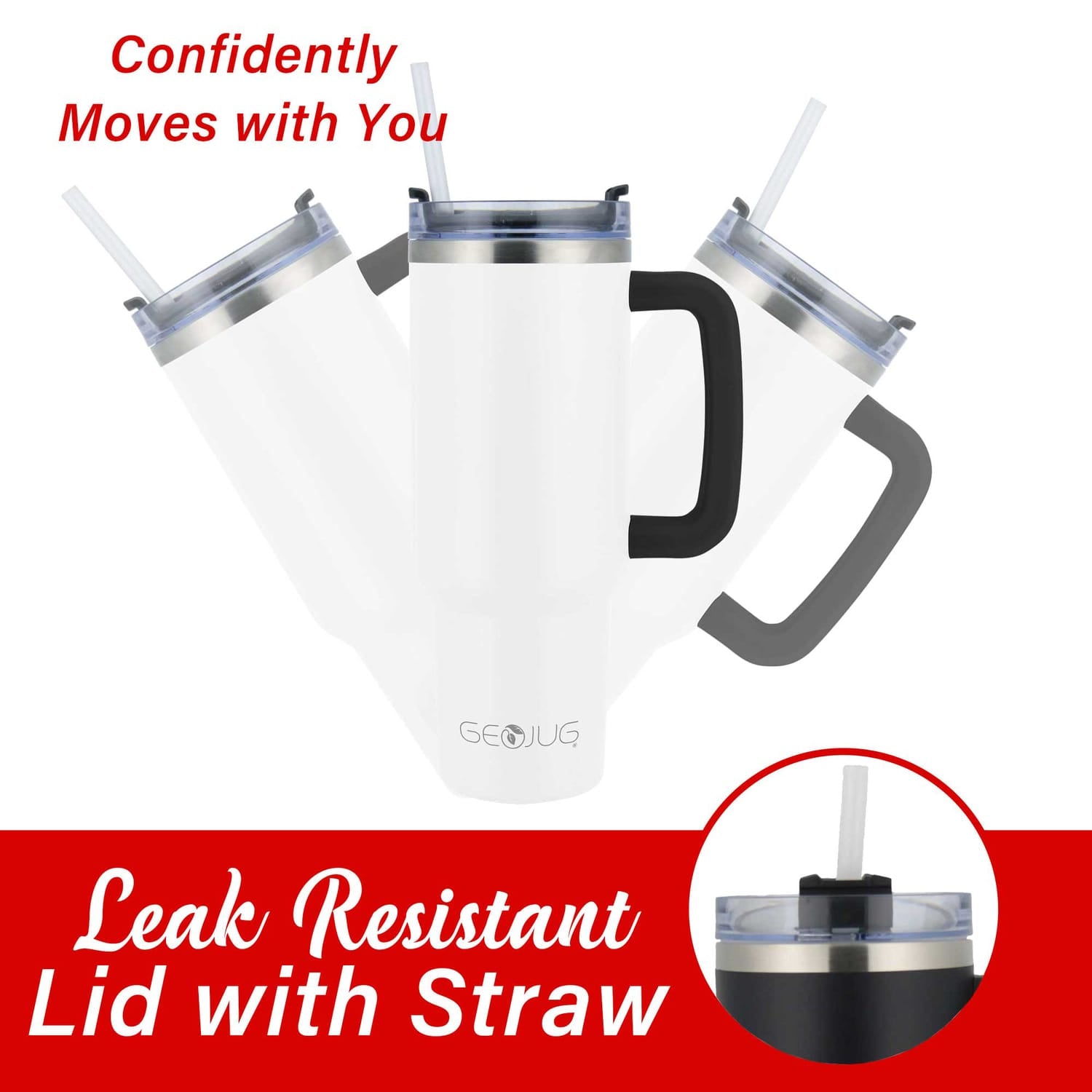 Brentwood Geojug 40-Oz. Insulated Stainless Steel Tumbler Cup with Handle, Lid, and Straw, Black, Cream