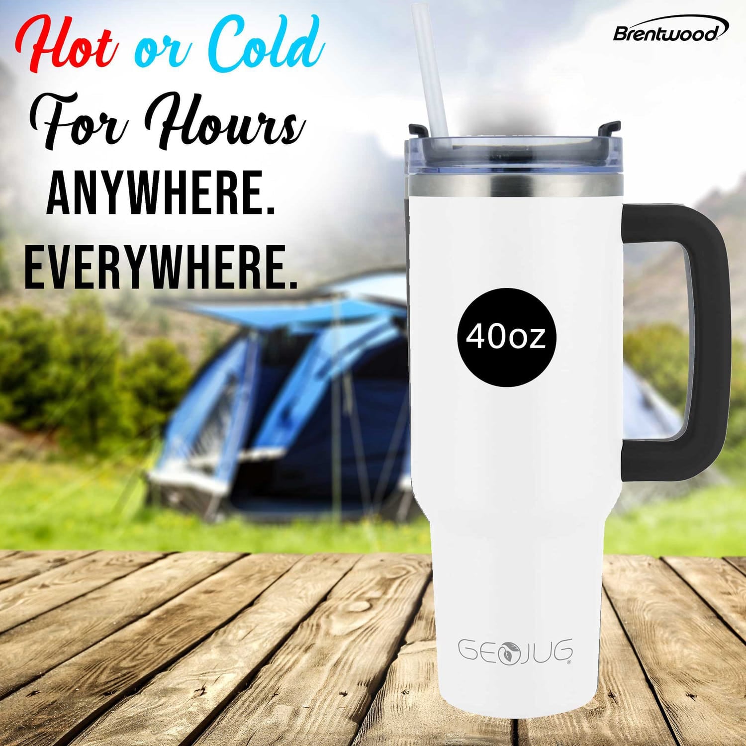 Brentwood Geojug 40-Oz. Insulated Stainless Steel Tumbler Cup with Handle, Lid, and Straw, Black, Cream
