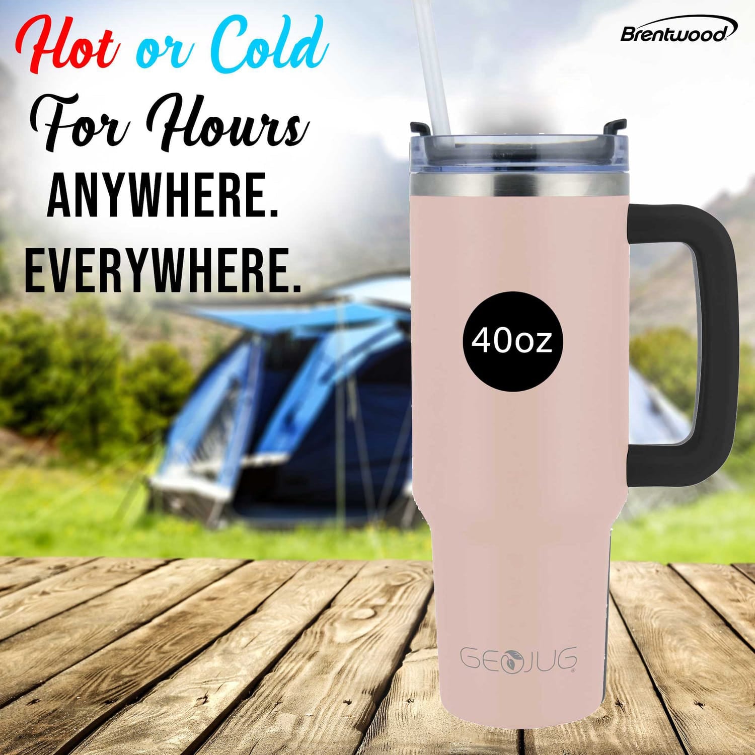 Brentwood Geojug 40-Oz. Insulated Stainless Steel Tumbler Cup with Handle, Lid, and Straw, Black, Pink