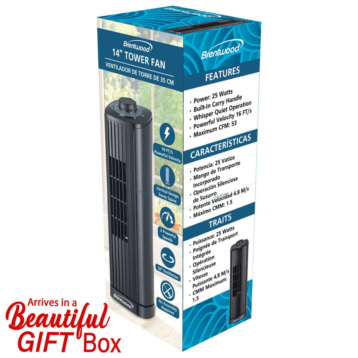 Brentwood 14-in. Portable Oscillating Tower Fan with 3 Speeds, 53 CFM, 50° Oscillation, 25 Watts, 61-in. Cord