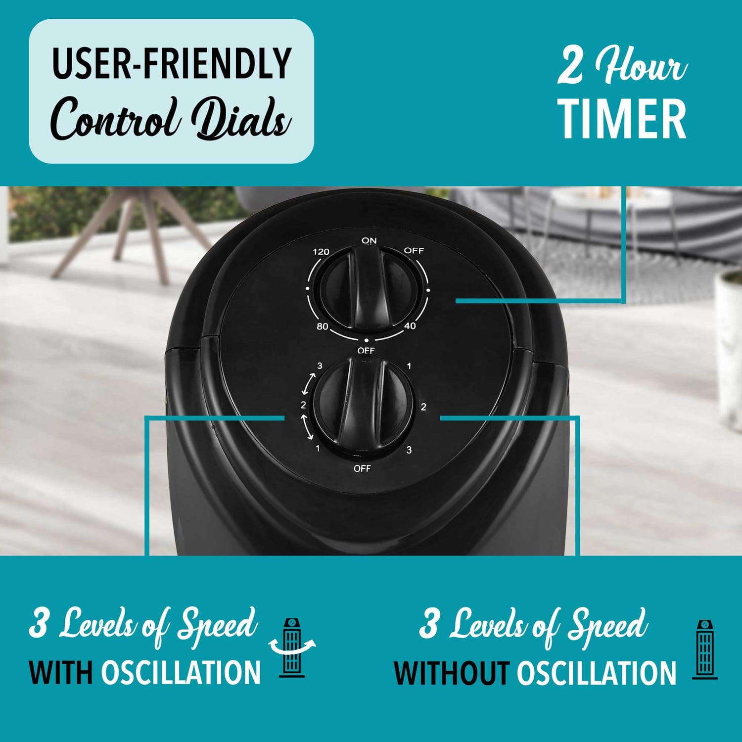 Brentwood 32-In. Portable Oscillating Tower Fan with Timer, 3 Speeds, 275 CFM, 60° Oscillation, 45 Watts, 72-In. Cord, Black