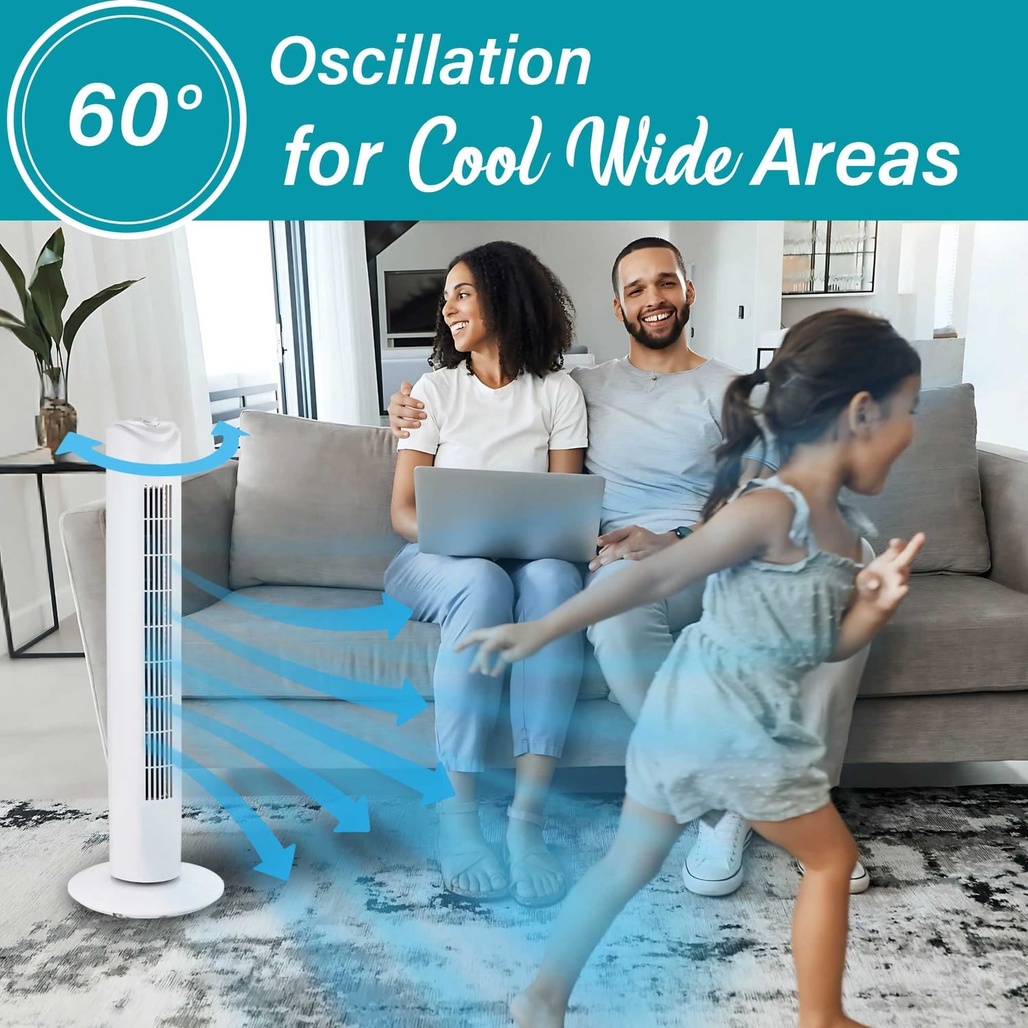 Brentwood 32-In. Portable Oscillating Tower Fan with Timer, 3 Speeds, 275 CFM, 60° Oscillation, 45 Watts, 72-In. Cord, White