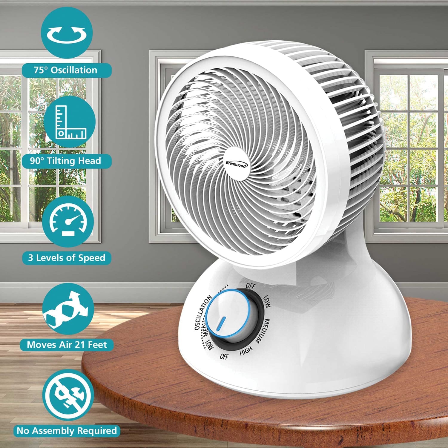 Brentwood 6-In. Portable Oscillating Air Circulator Desktop Fan with 3 Speeds, 21 CFM, 3 Blades, 90° Tilt, 75° Oscillation, 28 Watts, 59-In. Cord
