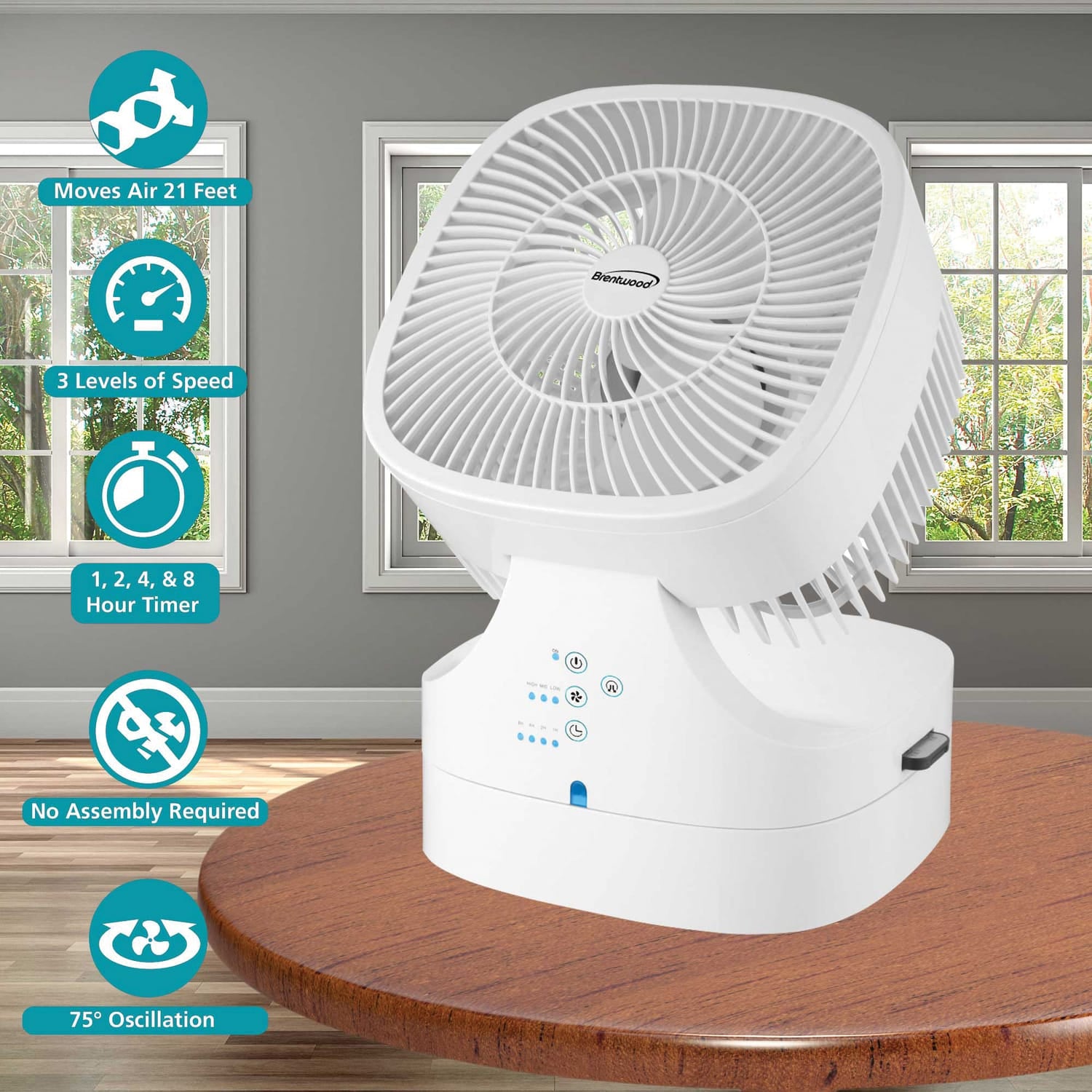 Brentwood 8-In. Portable Oscillating High-Velocity Air-Circulator Desktop Fan with Remote, Timer, 3 Speeds, 25 CFM, 90° Tilting Head, 58-In. Cord