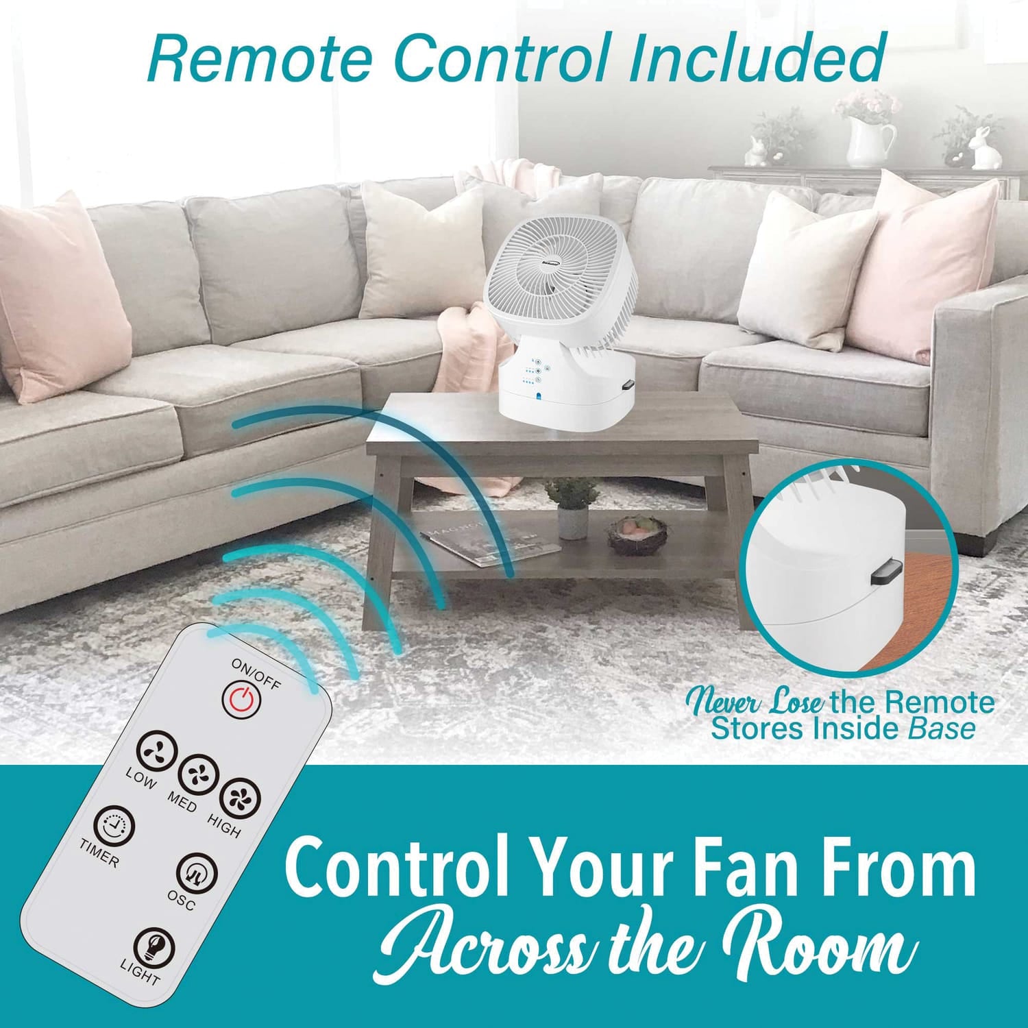 Brentwood 8-In. Portable Oscillating High-Velocity Air-Circulator Desktop Fan with Remote, Timer, 3 Speeds, 25 CFM, 90° Tilting Head, 58-In. Cord