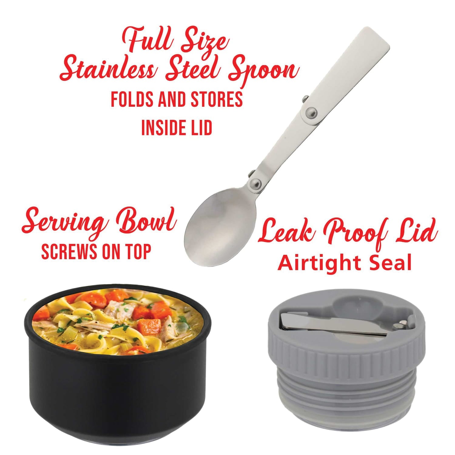Brentwood Geojug Vacuum-Insulated Stainless Steel Food Jar with Bowl and Folding Spoon, Black, 17 Oz.