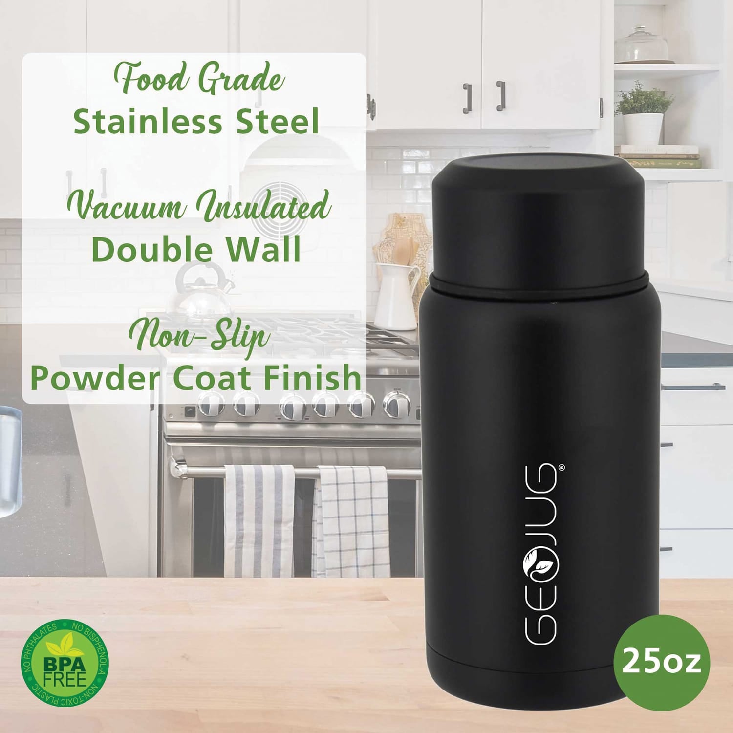 Brentwood Geojug Vacuum-Insulated Stainless Steel Food Jar with Bowl and Folding Spoon, Black, 25 Oz.