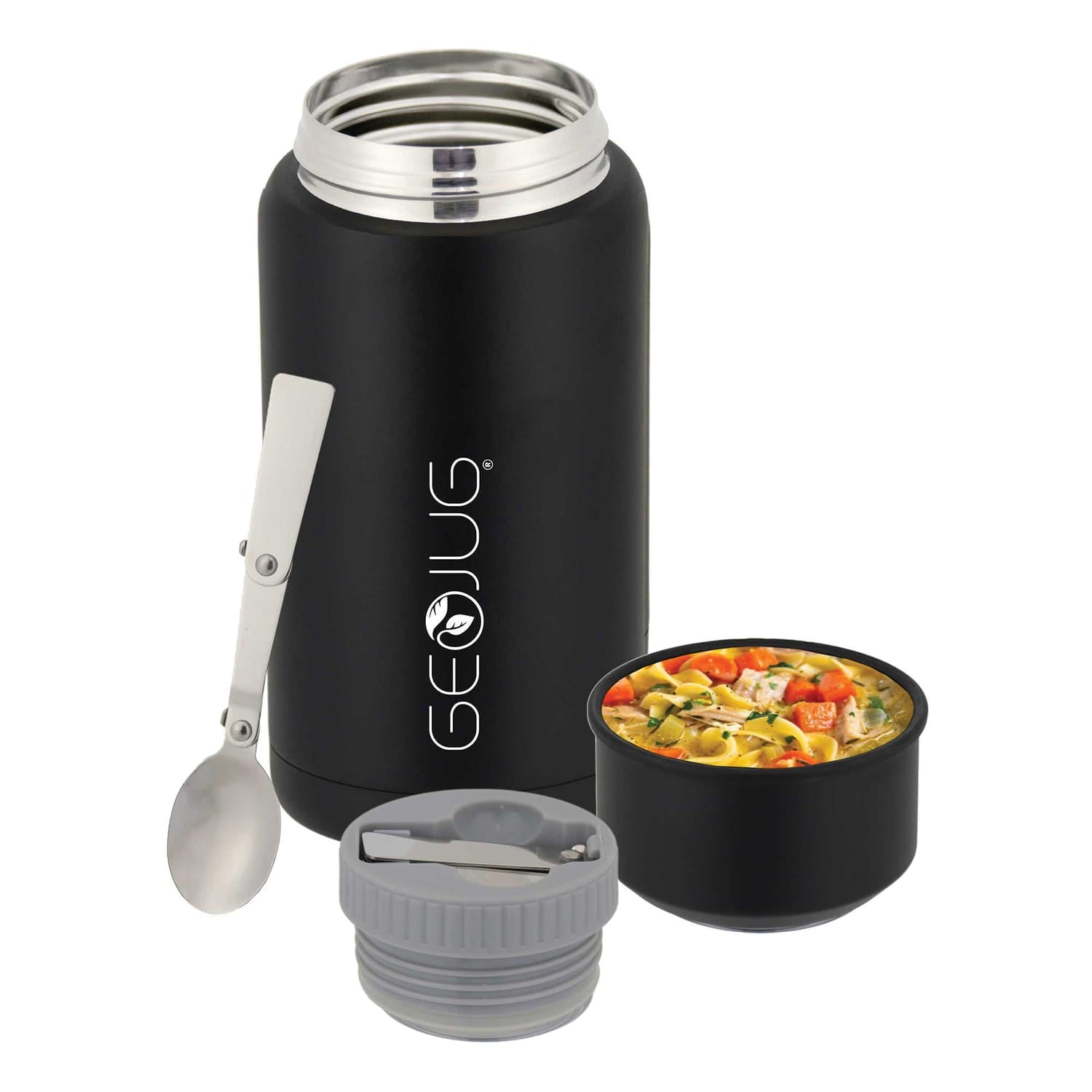 Brentwood Geojug Vacuum-Insulated Stainless Steel Food Jar with Bowl and Folding Spoon, Black, 25 Oz.